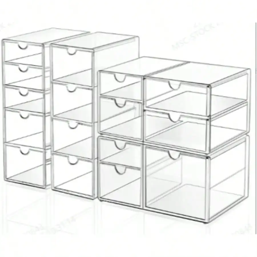 16 Drawers Acrylic Makeup Organizer, 4 Set Clear Desk Storage Drawers, Dustproof Desktop Organizer for Office Supplies, Jewelry, Pens & Cosmetics, Countertop