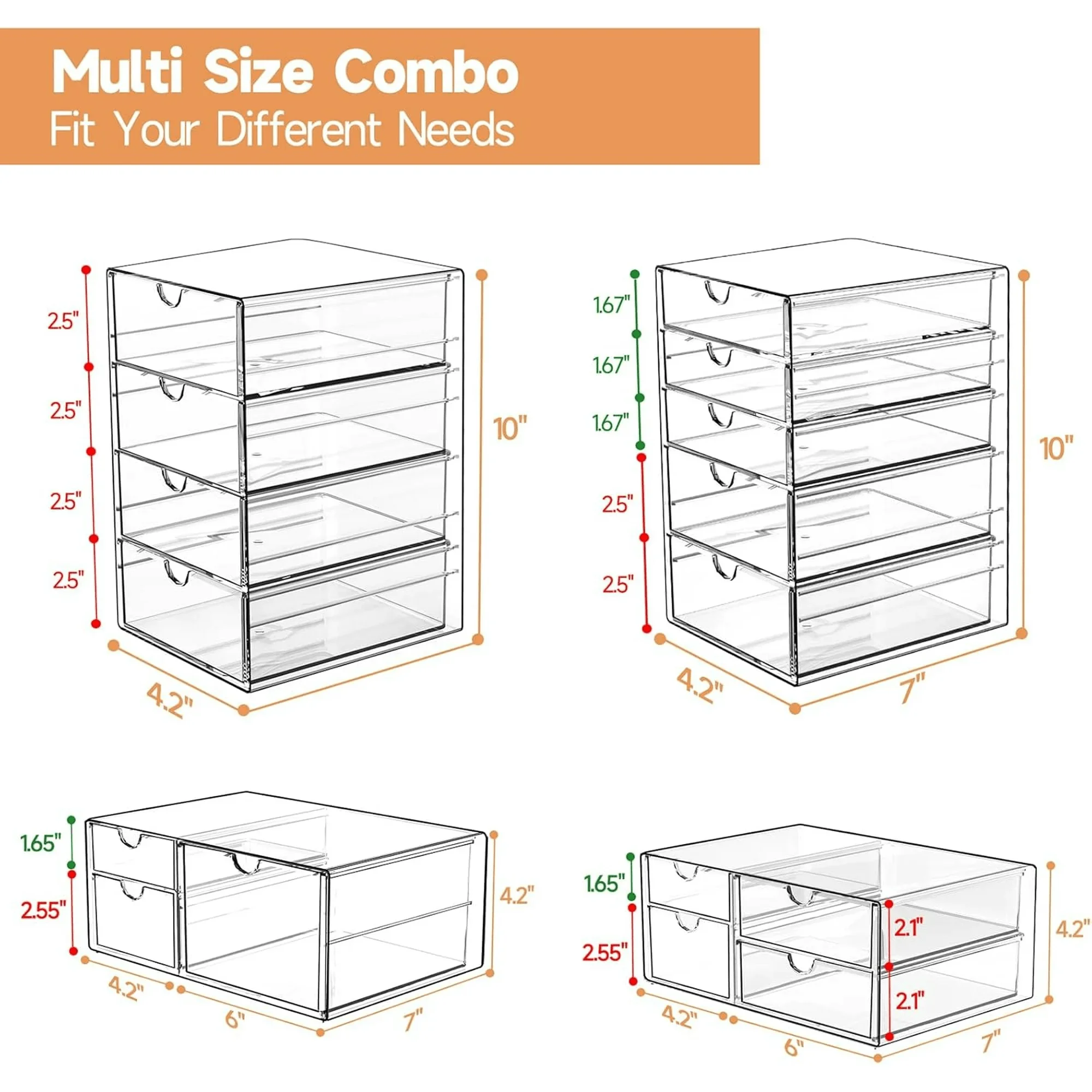 16 Drawers Acrylic Makeup Organizer, 4 Set Clear Desk Storage Drawers, Dustproof Desktop Organizer for Office Supplies, Jewelry, Pens & Cosmetics, Countertop