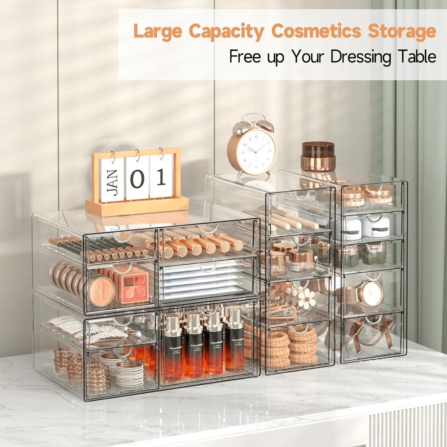 16 Drawers Acrylic Makeup Organizer, 4 Set Clear Desk Storage Drawers, Dustproof Desktop Organizer for Office Supplies, Jewelry, Pens & Cosmetics, Countertop