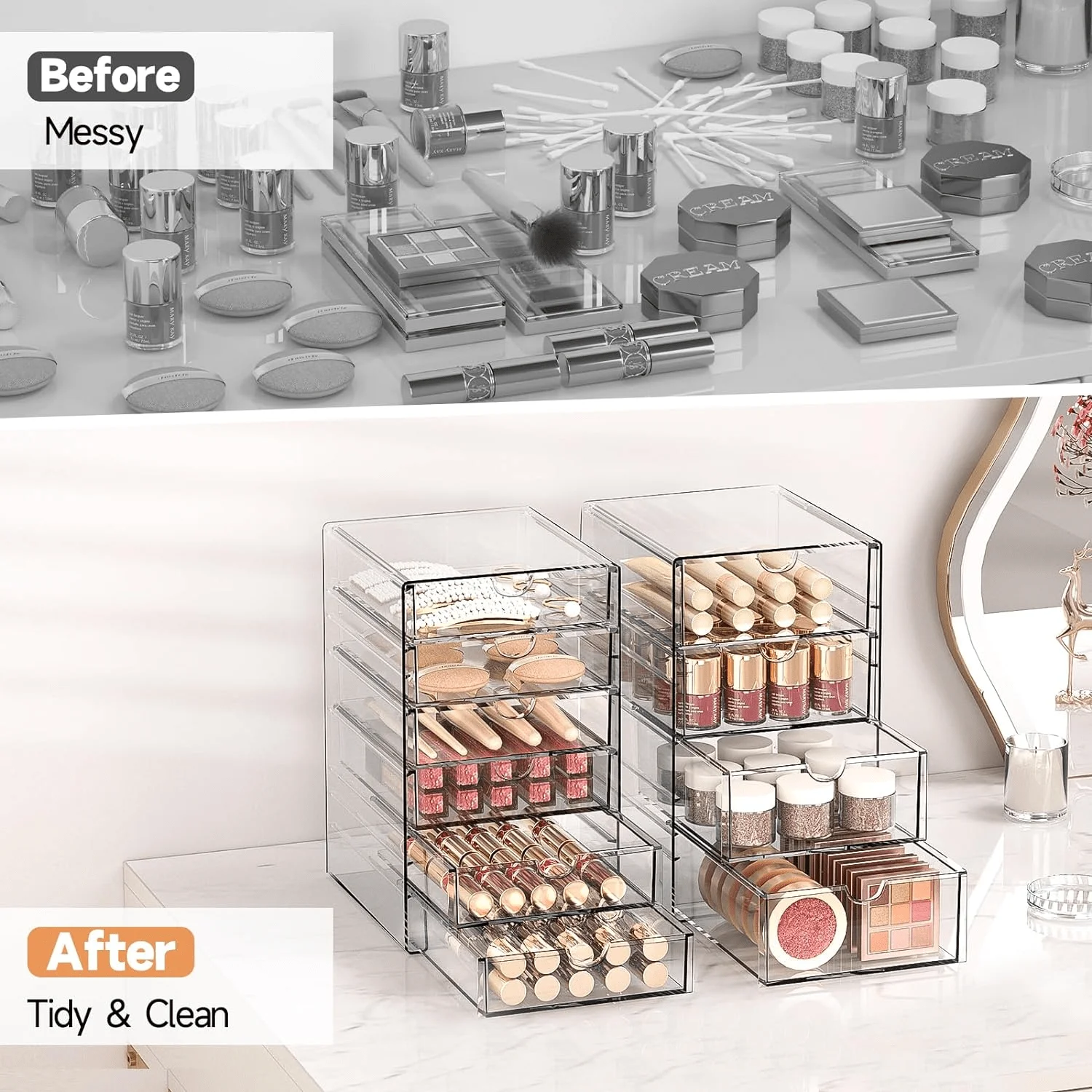 16 Drawers Acrylic Makeup Organizer, 4 Set Clear Desk Storage Drawers, Dustproof Desktop Organizer for Office Supplies, Jewelry, Pens & Cosmetics, Countertop