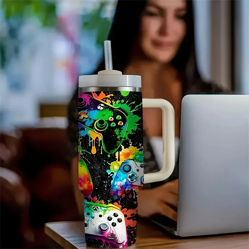 40Oz Tumbler with Handle, Colorful Graffiti Game Controller Print, Suitable for Game Lovers, Works for Both Hot And Cold Drinks, Perfect for Outdoor Travel, Casual Daily Use, And Gaming Events