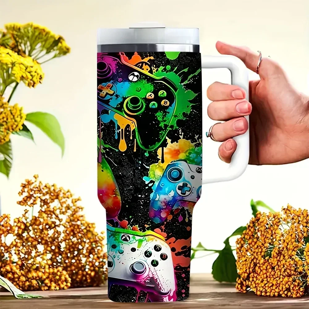 40Oz Tumbler with Handle, Colorful Graffiti Game Controller Print, Suitable for Game Lovers, Works for Both Hot And Cold Drinks, Perfect for Outdoor Travel, Casual Daily Use, And Gaming Events