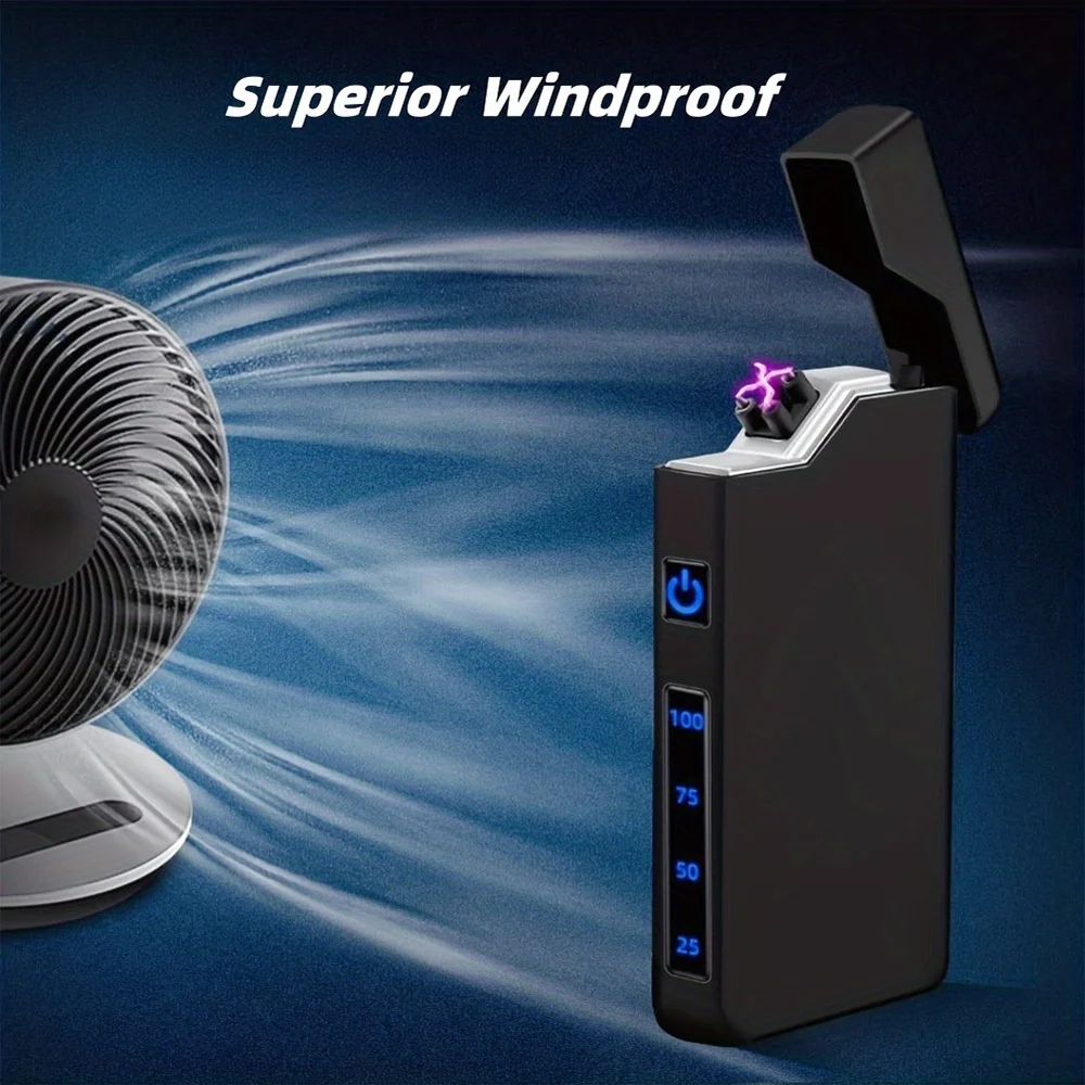 A Windproof Electric Arc Lighter Featuring a Dragon And Tiger Design. This Windproof Lighter Is Rechargeable Via Type-C, Has a Metal Casing, Battery Level Display, And Dual Arc. It Comes in a Gift Box And Includes a Power Cut-Off Feature