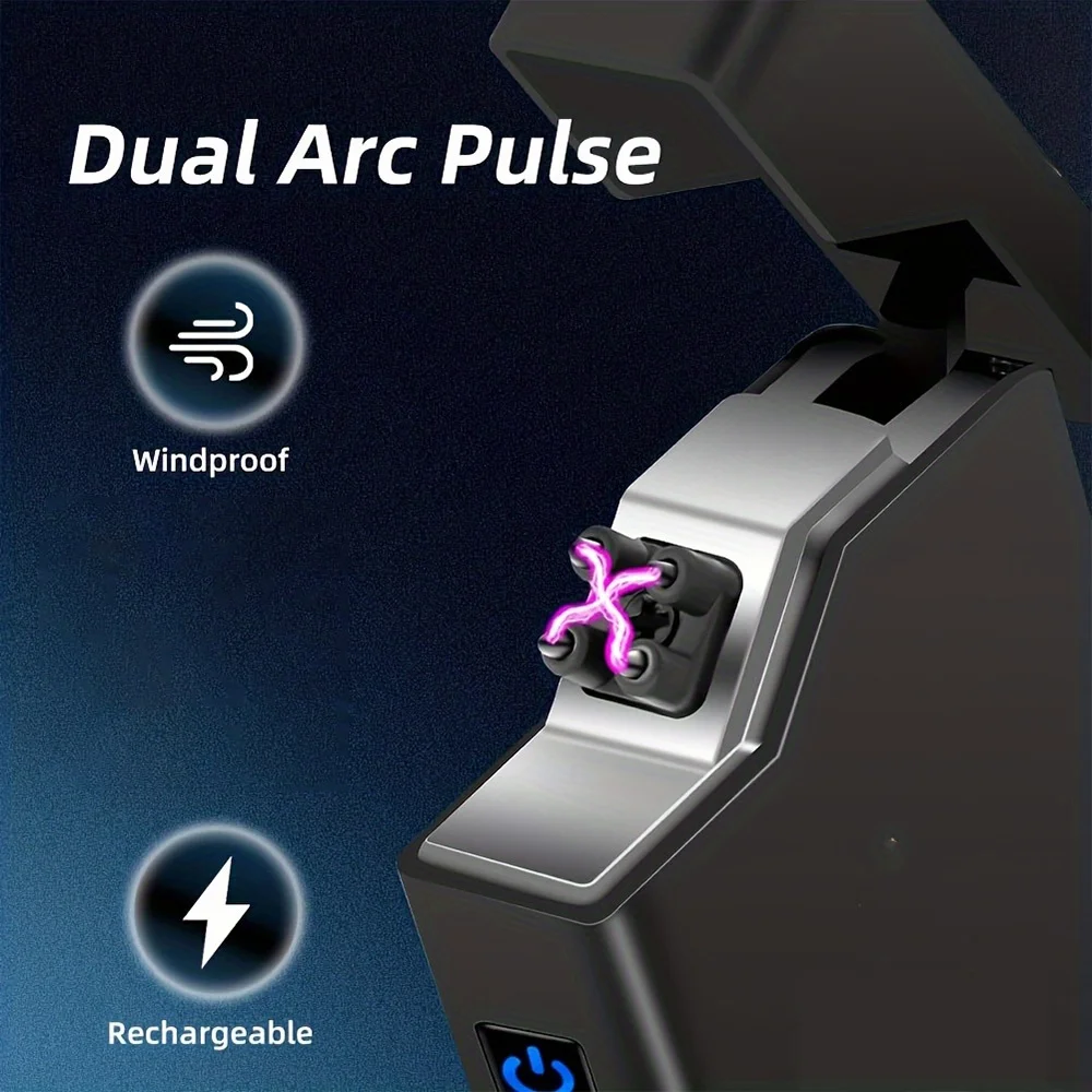A Windproof Electric Arc Lighter Featuring a Dragon And Tiger Design. This Windproof Lighter Is Rechargeable Via Type-C, Has a Metal Casing, Battery Level Display, And Dual Arc. It Comes in a Gift Box And Includes a Power Cut-Off Feature