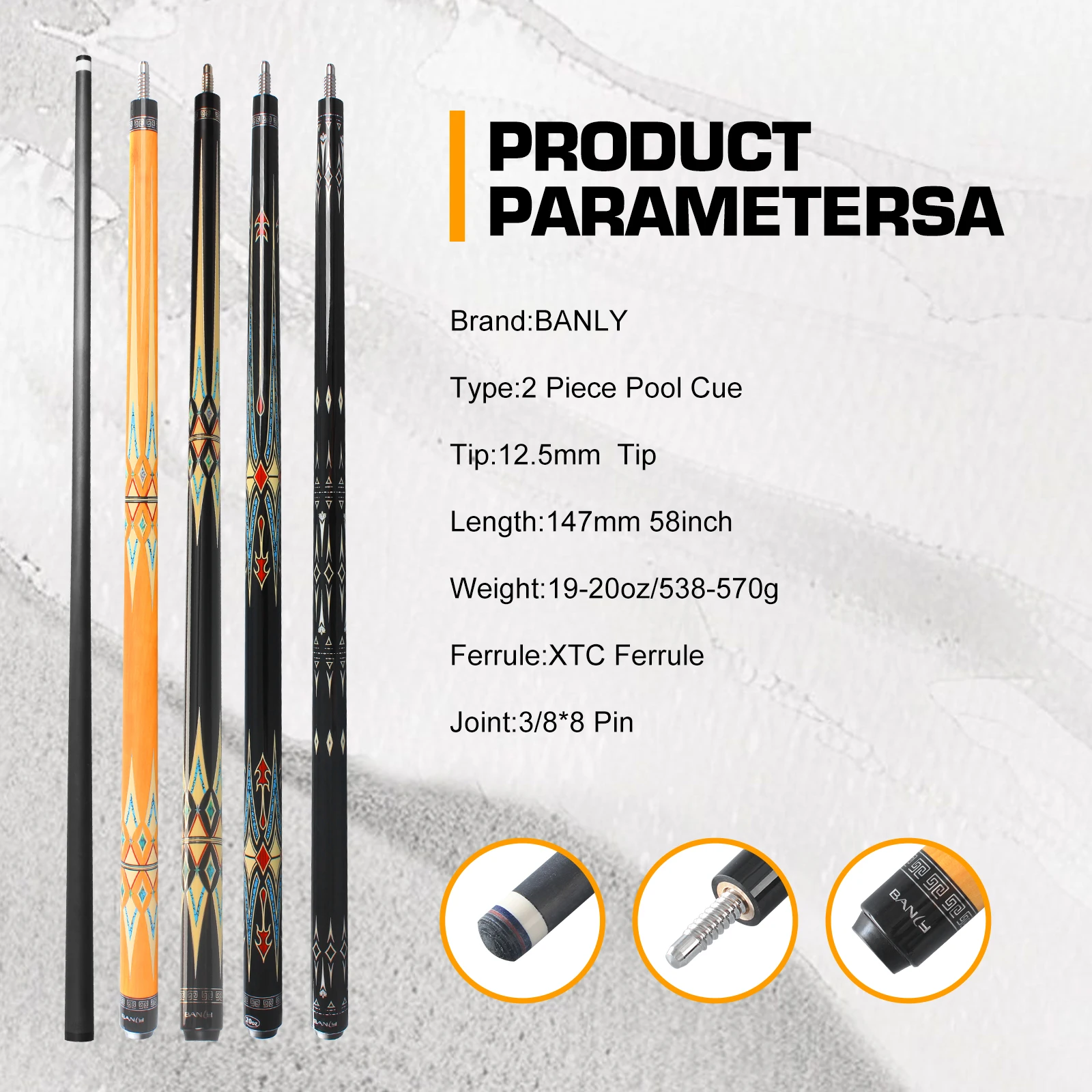 BANLY MK Series - 58 inch Carbon Fiber Pool Cue Stick for Adults, Professional 12.5mm Tip with XTC Ferrule, Low Deflection Billiard Cue Stick Case Set Great for Club, House Bar