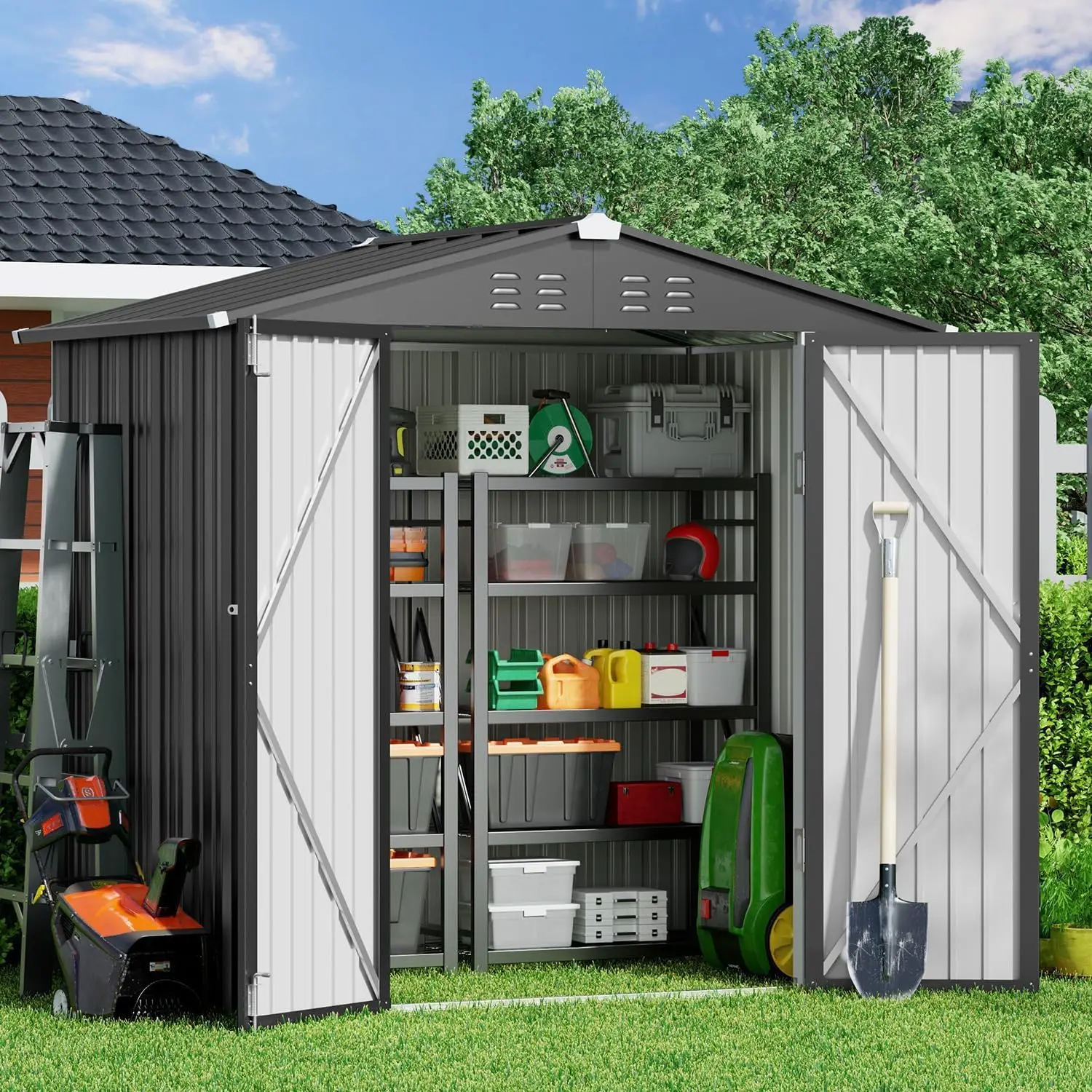 Outdoor Storage Shed, Metal Garden Shed, Dark Gray | Double Lockable Doors, Anti-Corrosion Metal Garden Shed, Fits Backyard/Patio/Lawn, Spacious Storage Clearance, Durable Steel