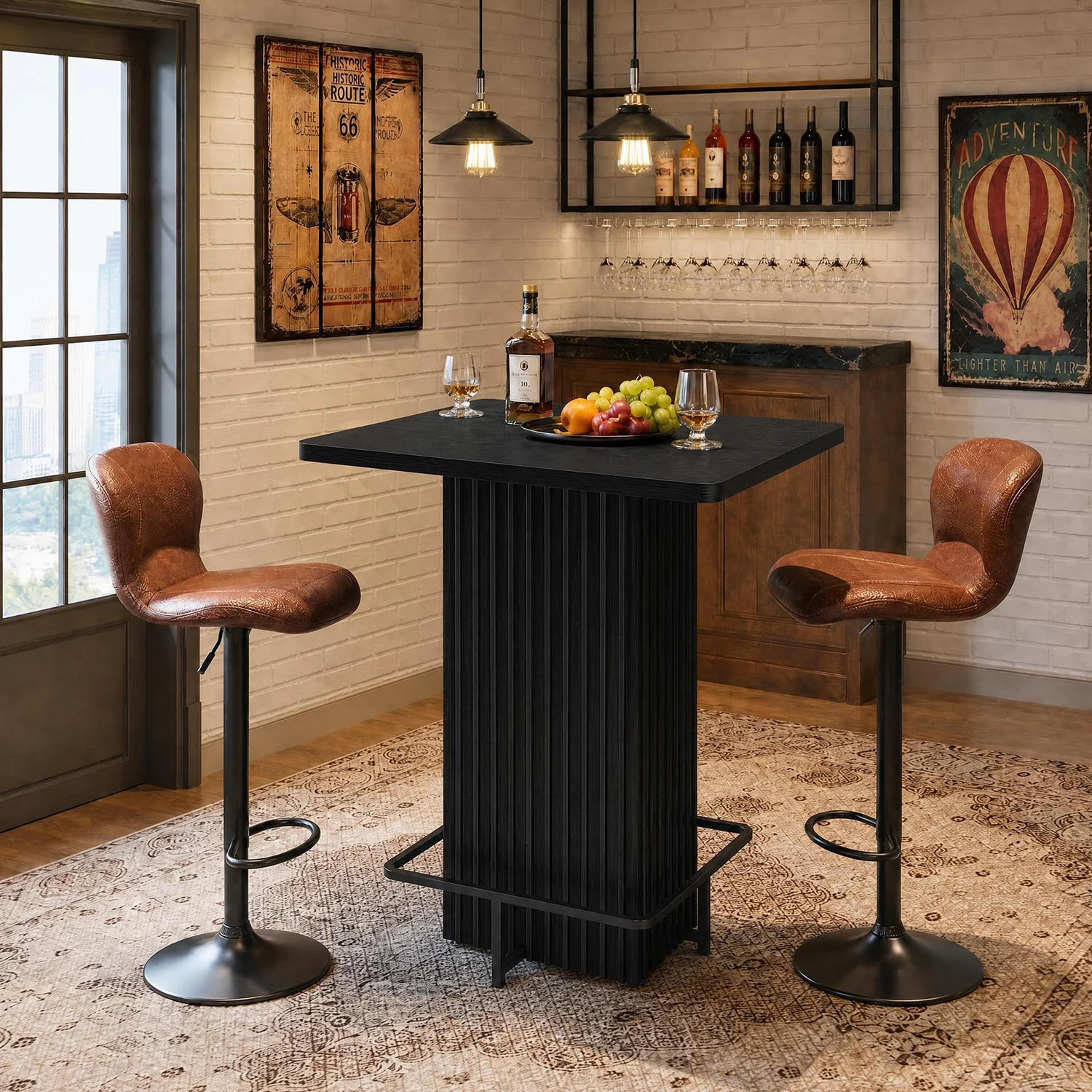 31.5 Inch Square Counter Height Bar Table, Fluted Pedestal Bistro Dining Table With Metal Ring Footrest For Kitchen, Cafe, Apartment Party