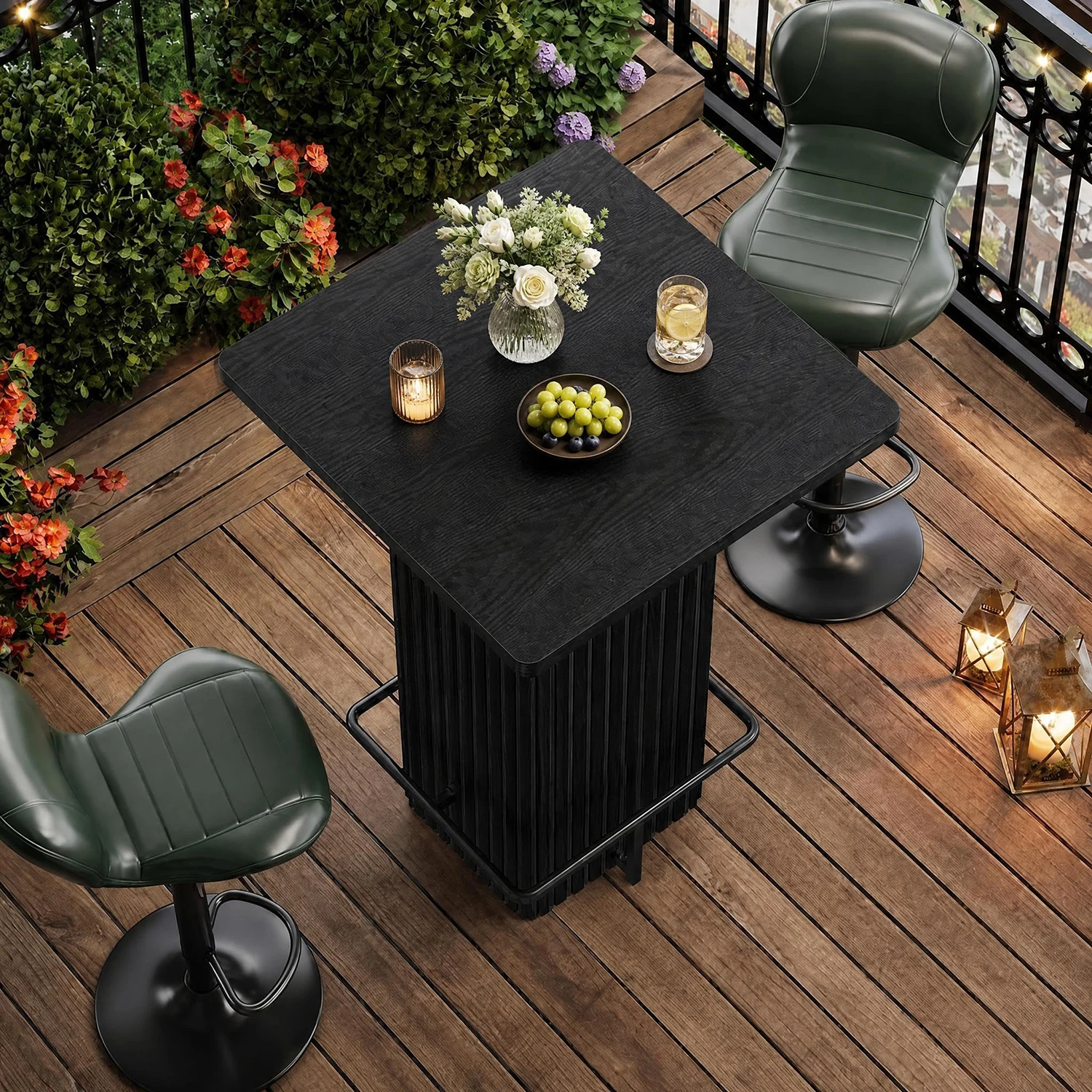 31.5 Inch Square Counter Height Bar Table, Fluted Pedestal Bistro Dining Table With Metal Ring Footrest For Kitchen, Cafe, Apartment Party