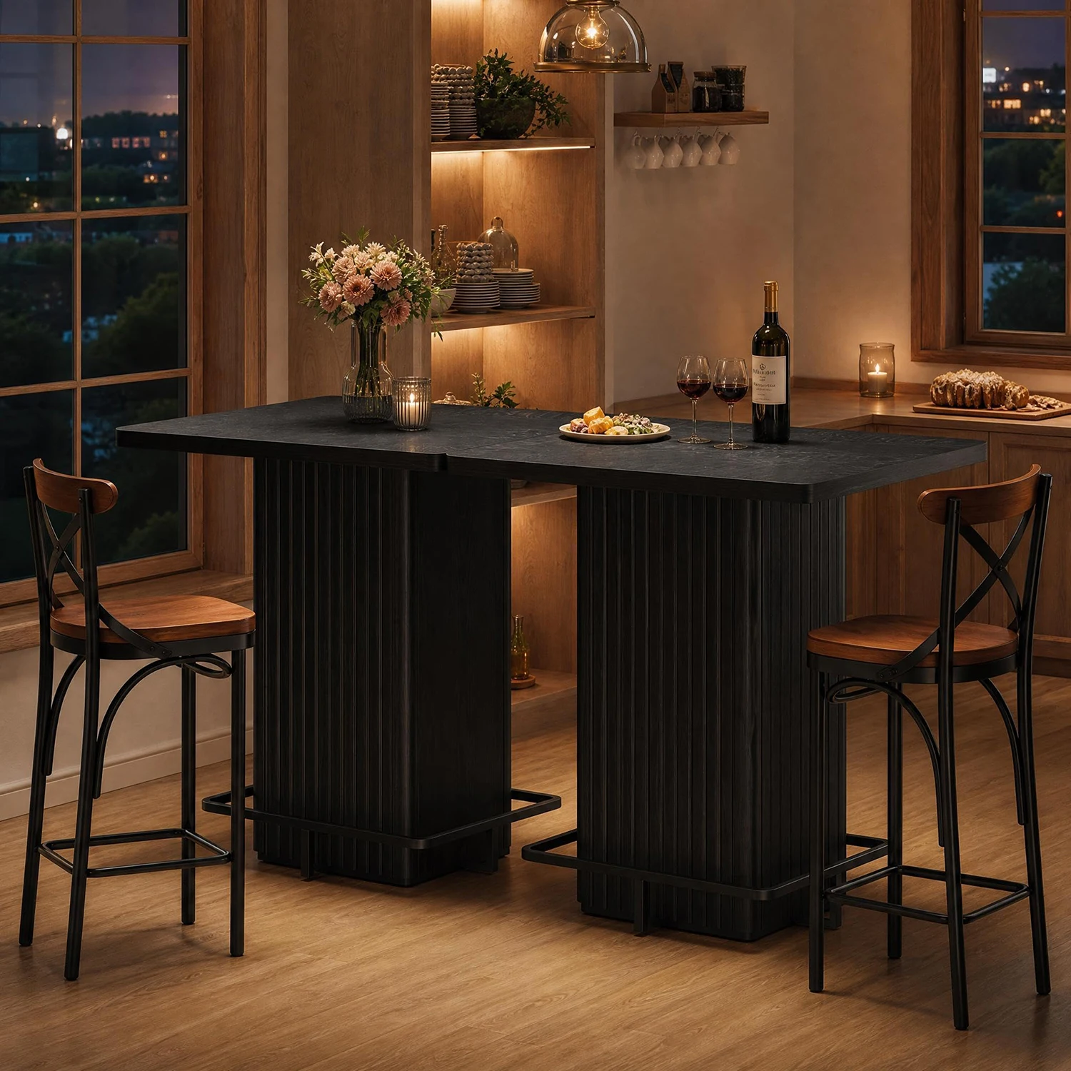 31.5 Inch Square Counter Height Bar Table, Fluted Pedestal Bistro Dining Table With Metal Ring Footrest For Kitchen, Cafe, Apartment Party