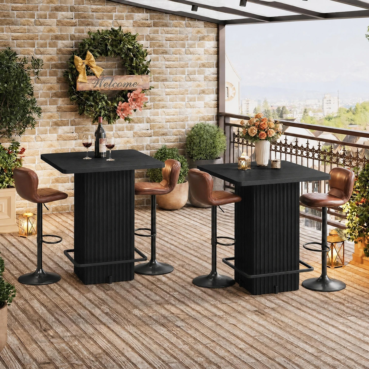 31.5 Inch Square Counter Height Bar Table, Fluted Pedestal Bistro Dining Table With Metal Ring Footrest For Kitchen, Cafe, Apartment Party