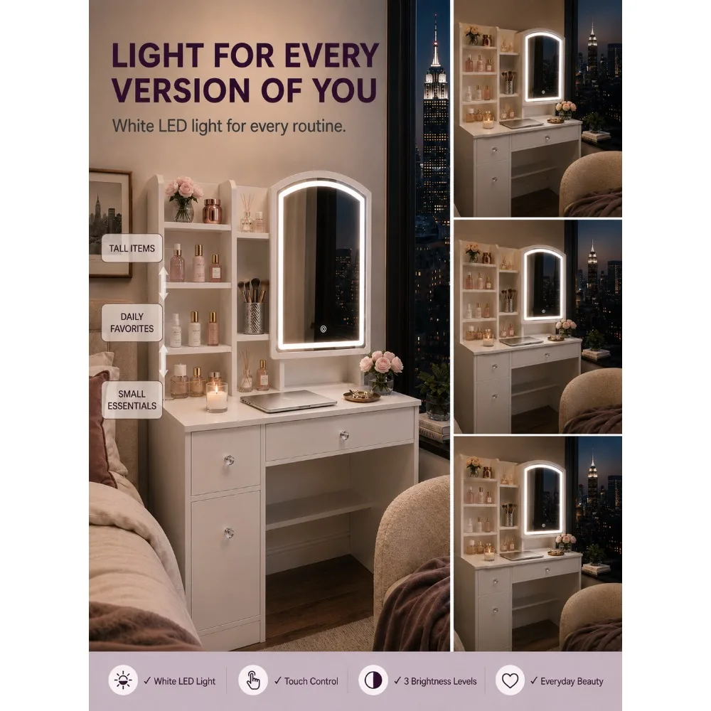 Modern White Vanity Desk with LED Lighted Mirror, Makeup Dressing Table with Storage Shelves and Drawers, Elegant Beauty Station Furniture for Women Girls Bedroom
