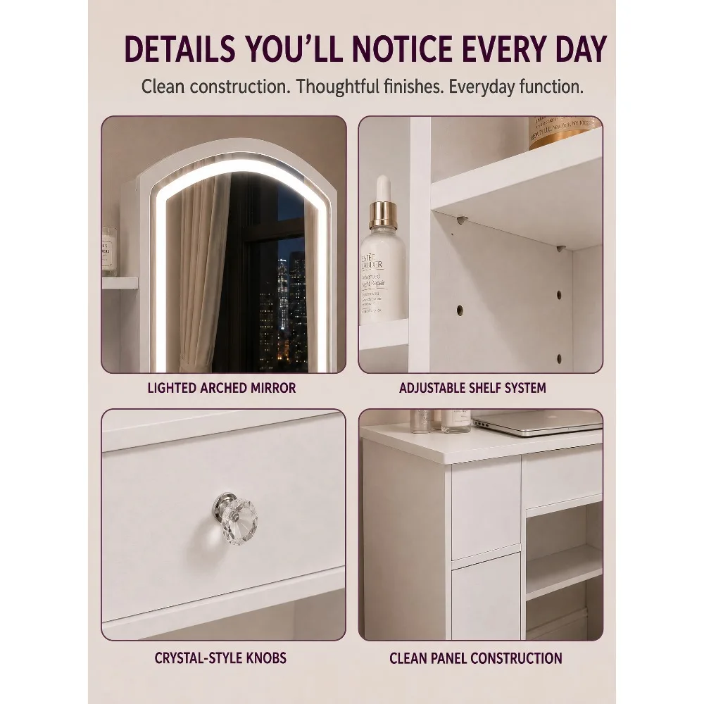 Modern White Vanity Desk with LED Lighted Mirror, Makeup Dressing Table with Storage Shelves and Drawers, Elegant Beauty Station Furniture for Women Girls Bedroom