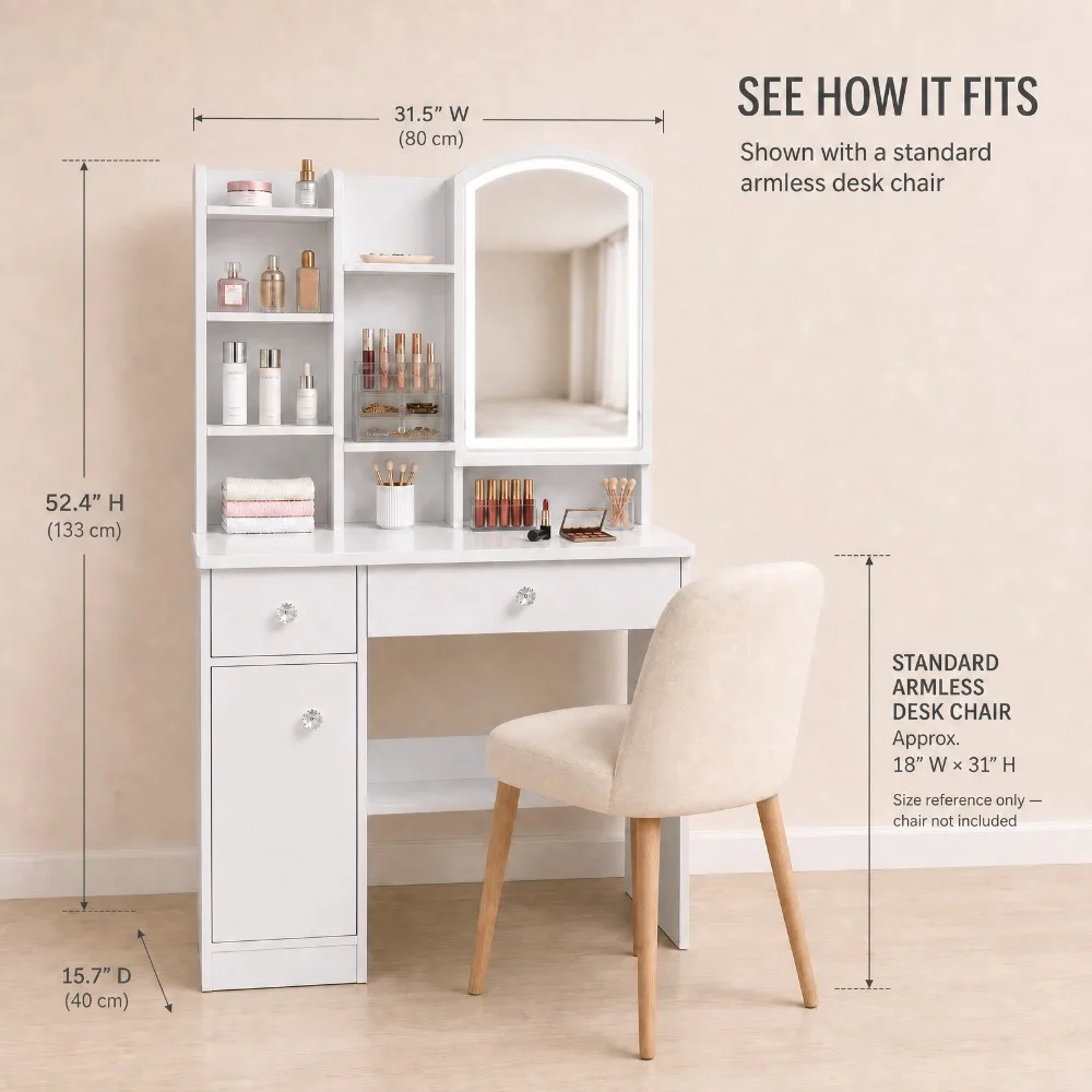 Modern White Vanity Desk with LED Lighted Mirror, Makeup Dressing Table with Storage Shelves and Drawers, Elegant Beauty Station Furniture for Women Girls Bedroom