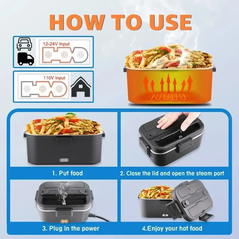 100W Electric Heated Lunch Box, Stainless‑Steel Food Container, Portable Car‑Home Dual‑Use Food Warmer with Insulated Carry Bag for Office, Travel, Road Trip