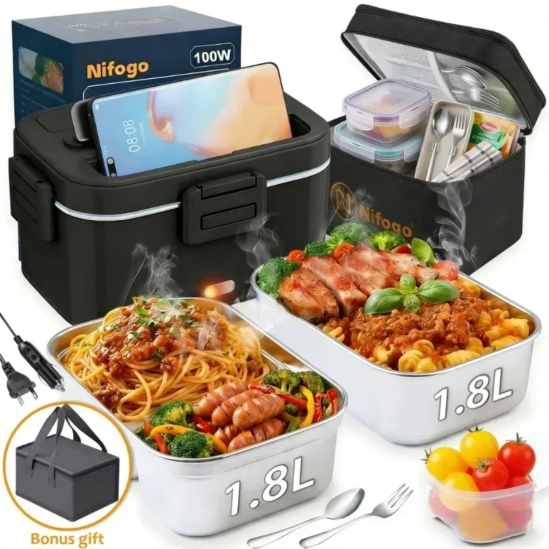 100W Electric Heated Lunch Box, Stainless‑Steel Food Container, Portable Car‑Home Dual‑Use Food Warmer with Insulated Carry Bag for Office, Travel, Road Trip