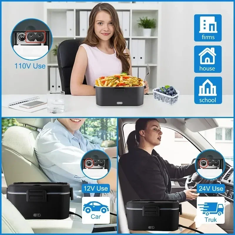 100W Electric Heated Lunch Box, Stainless‑Steel Food Container, Portable Car‑Home Dual‑Use Food Warmer with Insulated Carry Bag for Office, Travel, Road Trip