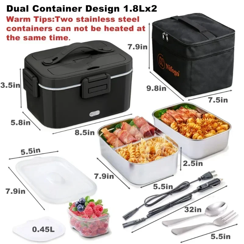 100W Electric Heated Lunch Box, Stainless‑Steel Food Container, Portable Car‑Home Dual‑Use Food Warmer with Insulated Carry Bag for Office, Travel, Road Trip