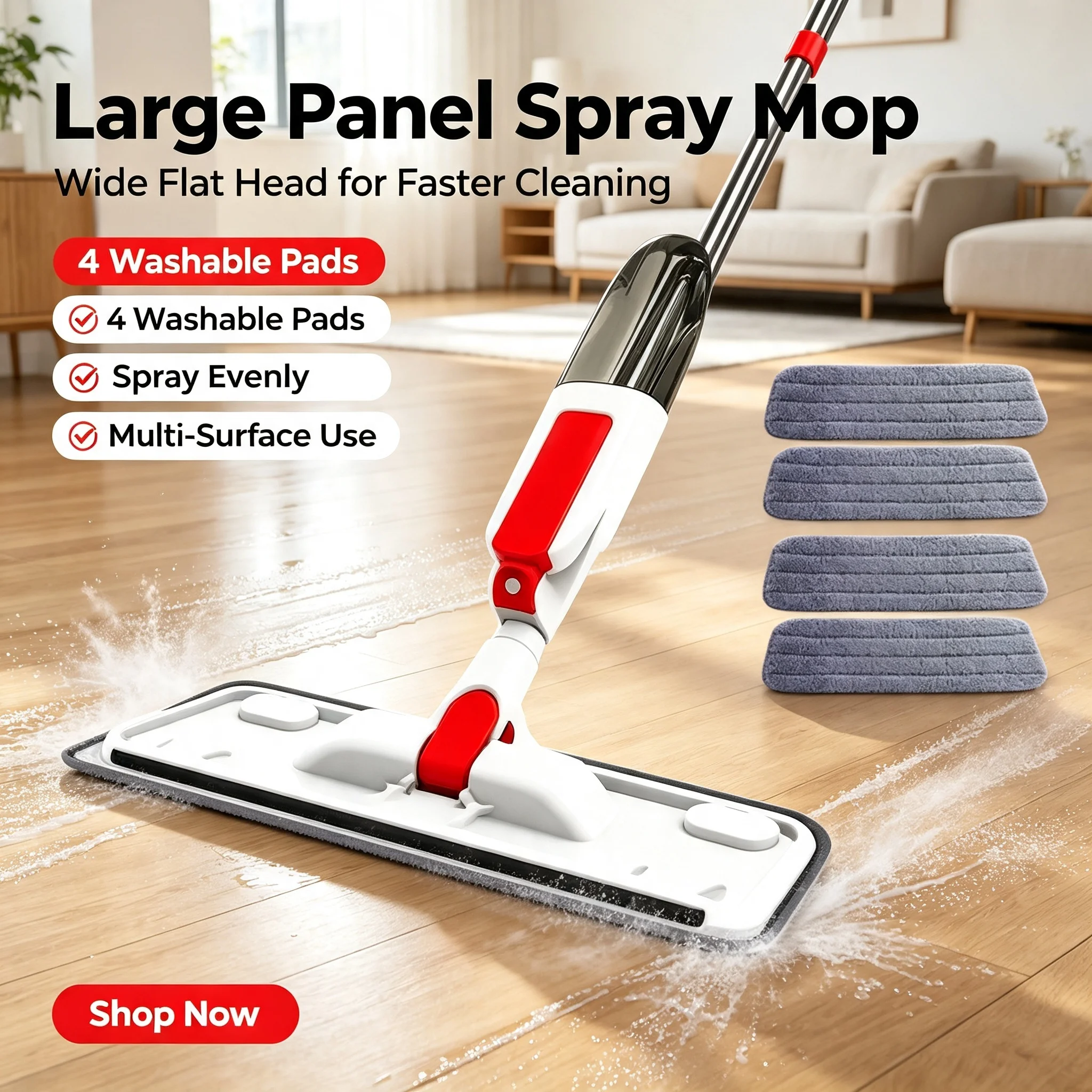 Large Panel Spray Flat Mop with One-button Water Spray, Wet & Dry Dual Use, 360° Rotatable Mop Head for High-efficiency Large-area Cleaning, lightweight Labor-saving Floor Cleaner, Suitable for Tile, Wood, Marble and All Hard Floors. Home Cleaning Kit Inc