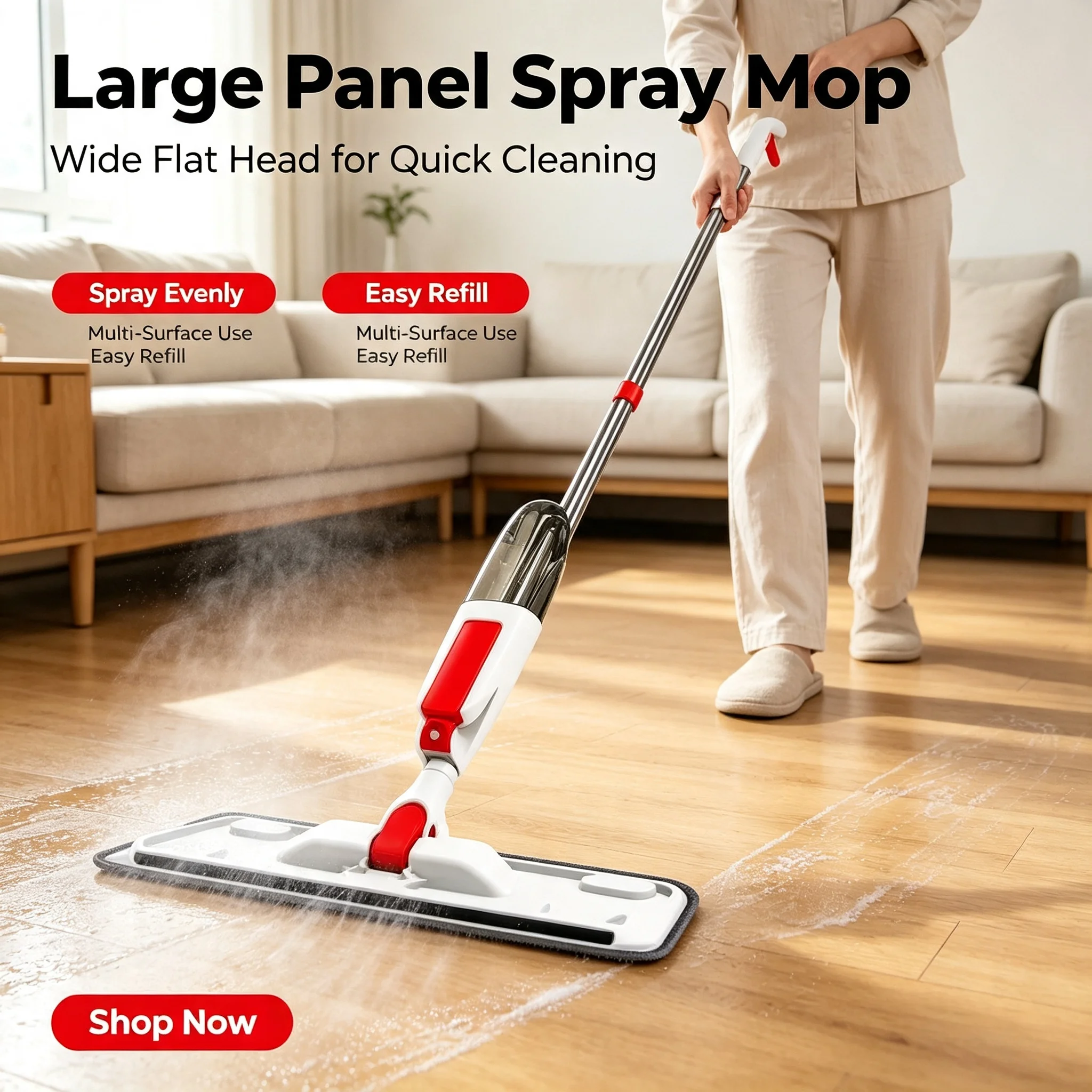 Large Panel Spray Flat Mop with One-button Water Spray, Wet & Dry Dual Use, 360° Rotatable Mop Head for High-efficiency Large-area Cleaning, lightweight Labor-saving Floor Cleaner, Suitable for Tile, Wood, Marble and All Hard Floors. Home Cleaning Kit Inc