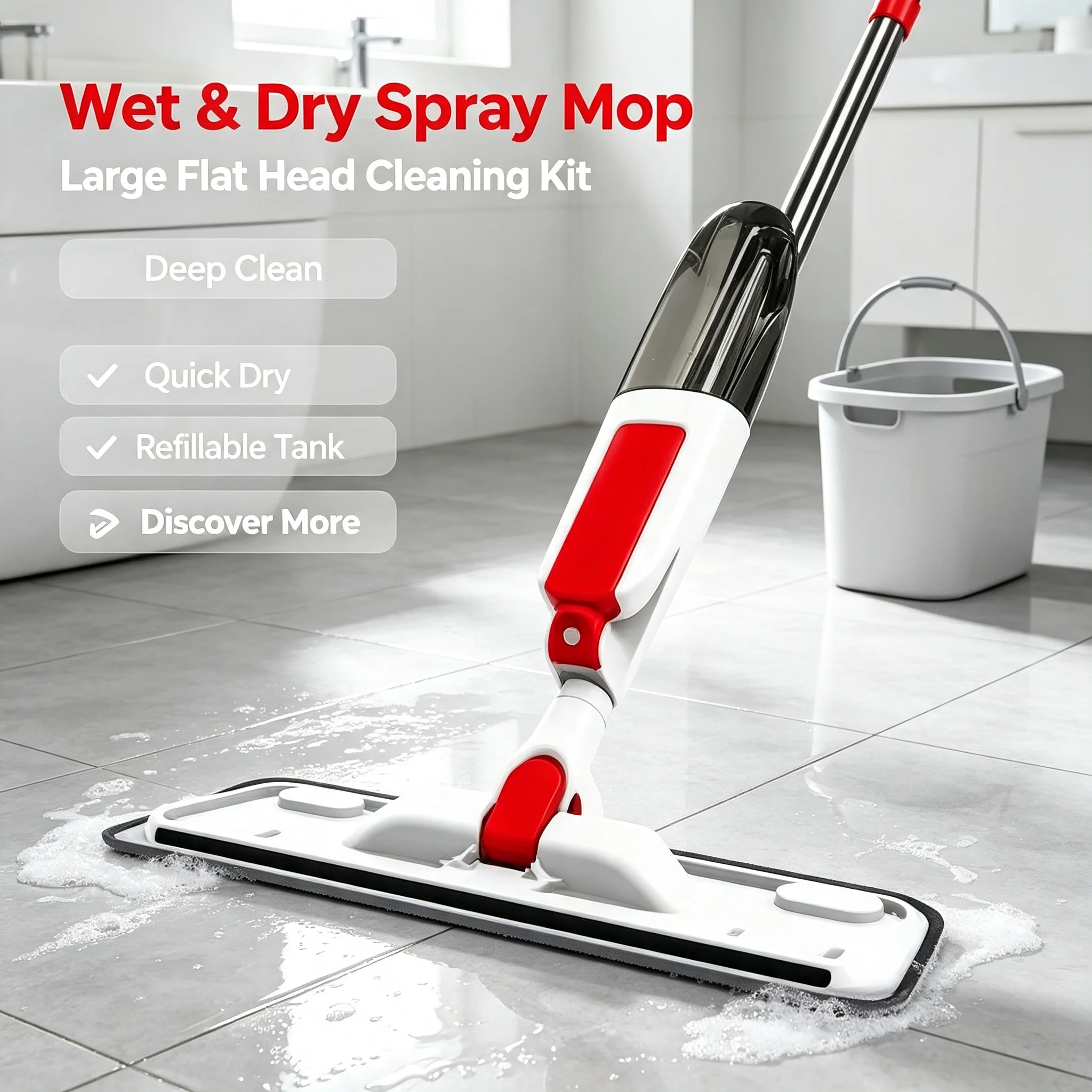Large Panel Spray Flat Mop with One-button Water Spray, Wet & Dry Dual Use, 360° Rotatable Mop Head for High-efficiency Large-area Cleaning, lightweight Labor-saving Floor Cleaner, Suitable for Tile, Wood, Marble and All Hard Floors. Home Cleaning Kit Inc