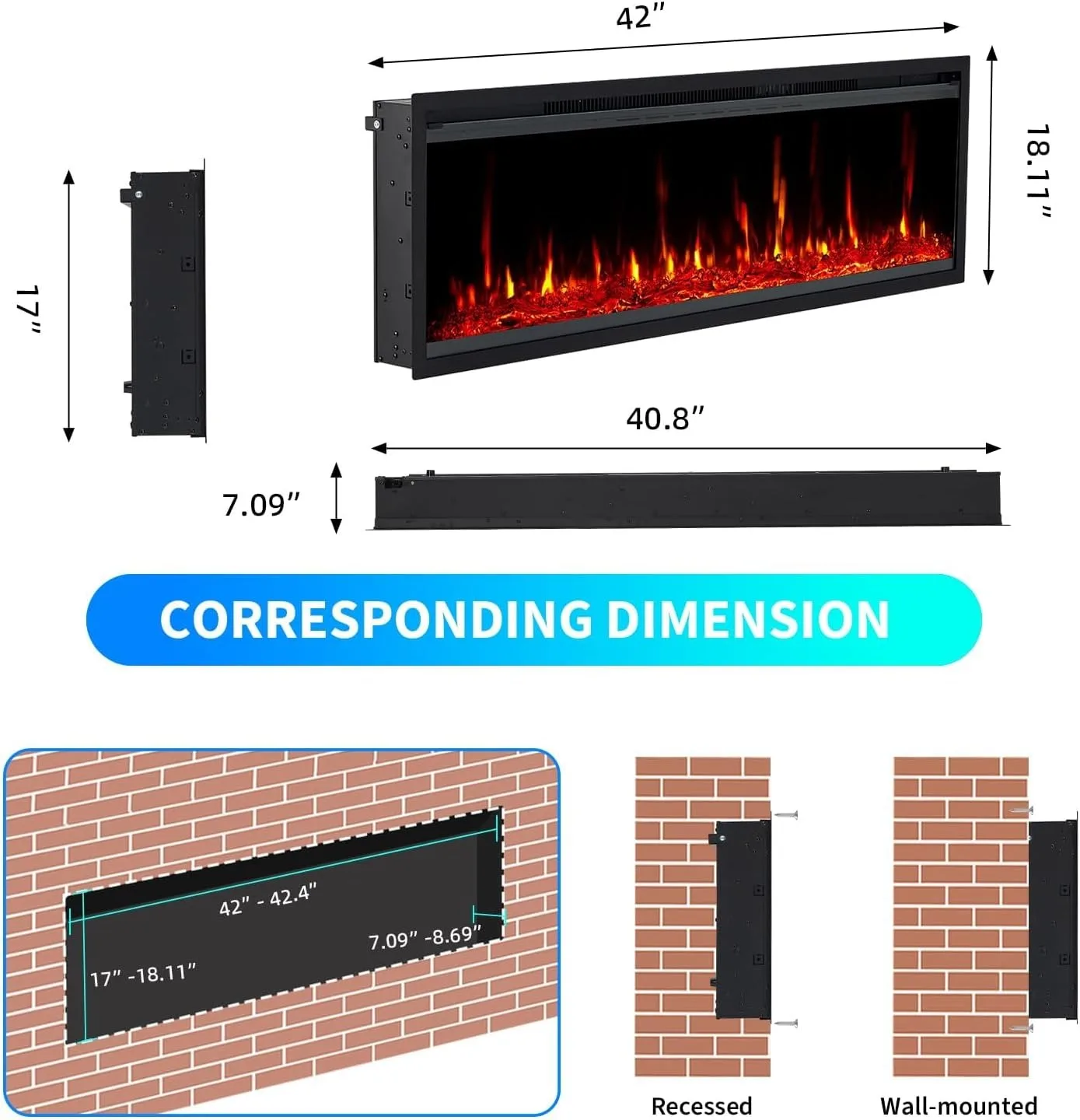 42 inch embedded/wall mounted electric fireplace with 750W/1500W two-stage heating 12 colors flame 0.5-9 hours timer with remote control black