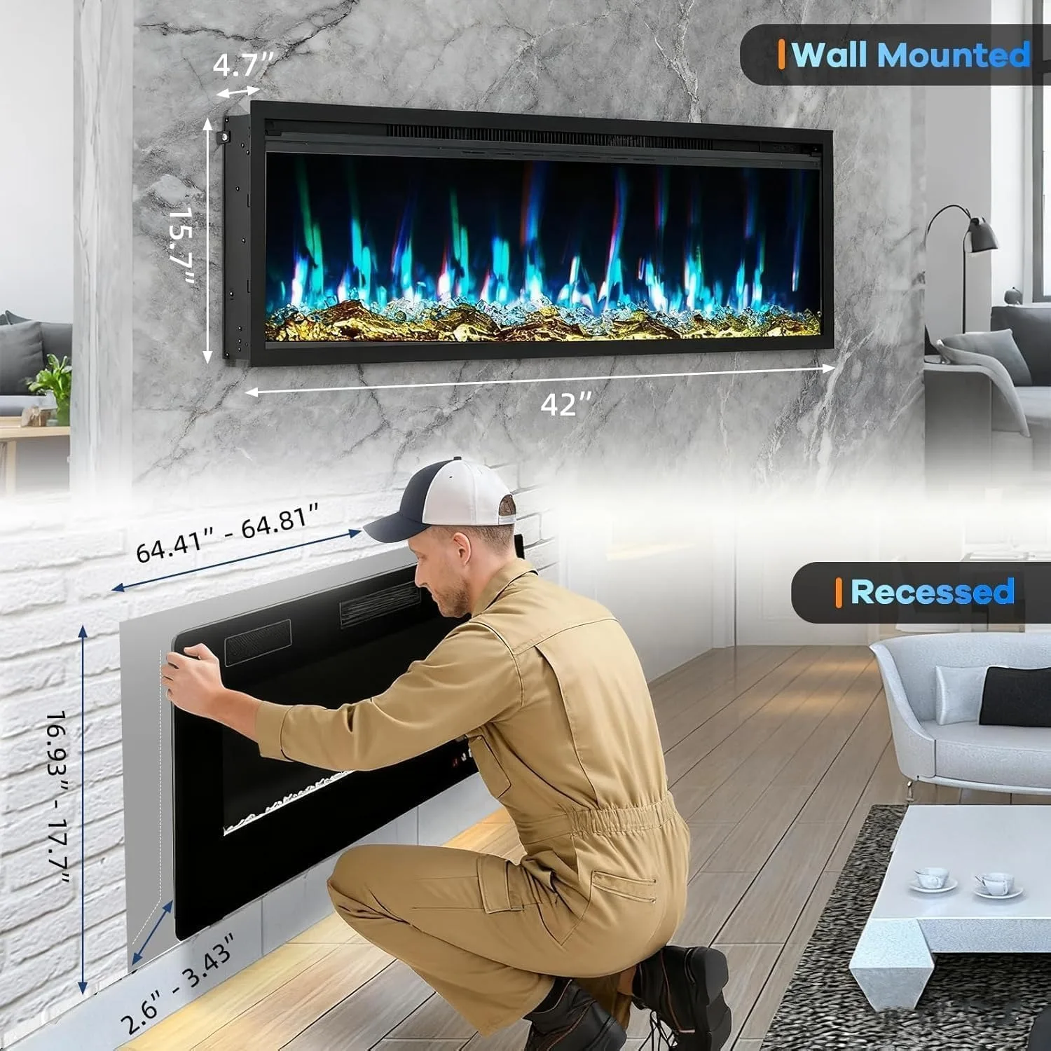 42 inch embedded/wall mounted electric fireplace with 750W/1500W two-stage heating 12 colors flame 0.5-9 hours timer with remote control black