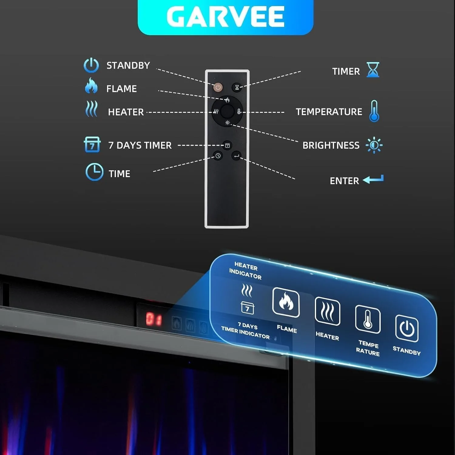 42 inch embedded/wall mounted electric fireplace with 750W/1500W two-stage heating 12 colors flame 0.5-9 hours timer with remote control black