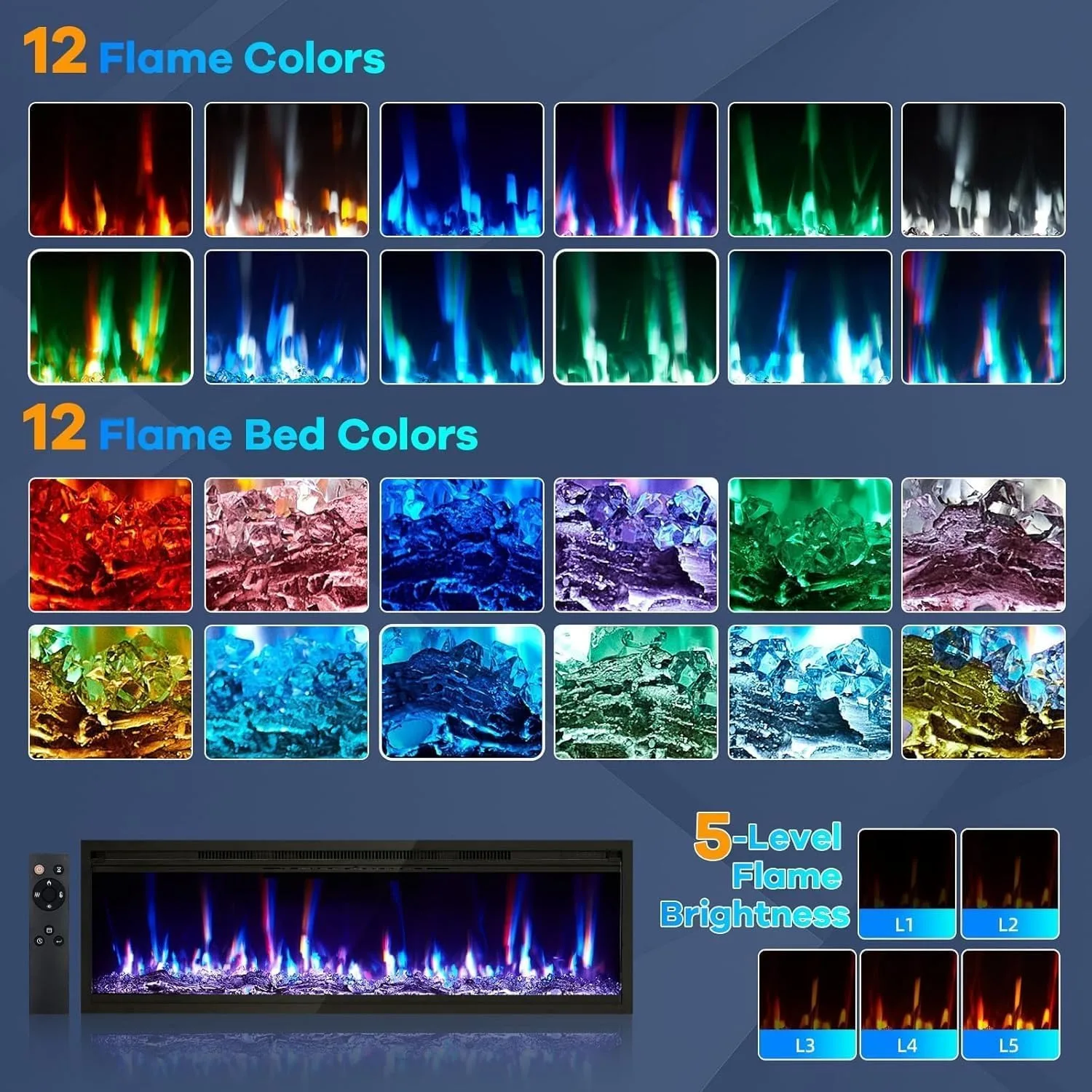 42 inch embedded/wall mounted electric fireplace with 750W/1500W two-stage heating 12 colors flame 0.5-9 hours timer with remote control black