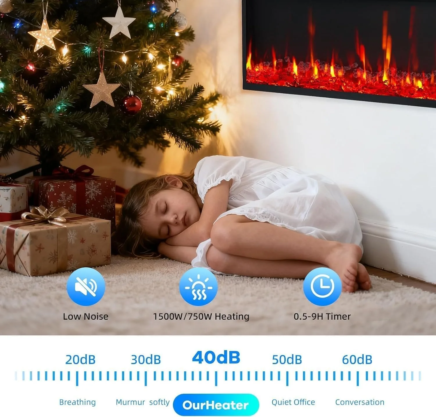 42 inch embedded/wall mounted electric fireplace with 750W/1500W two-stage heating 12 colors flame 0.5-9 hours timer with remote control black