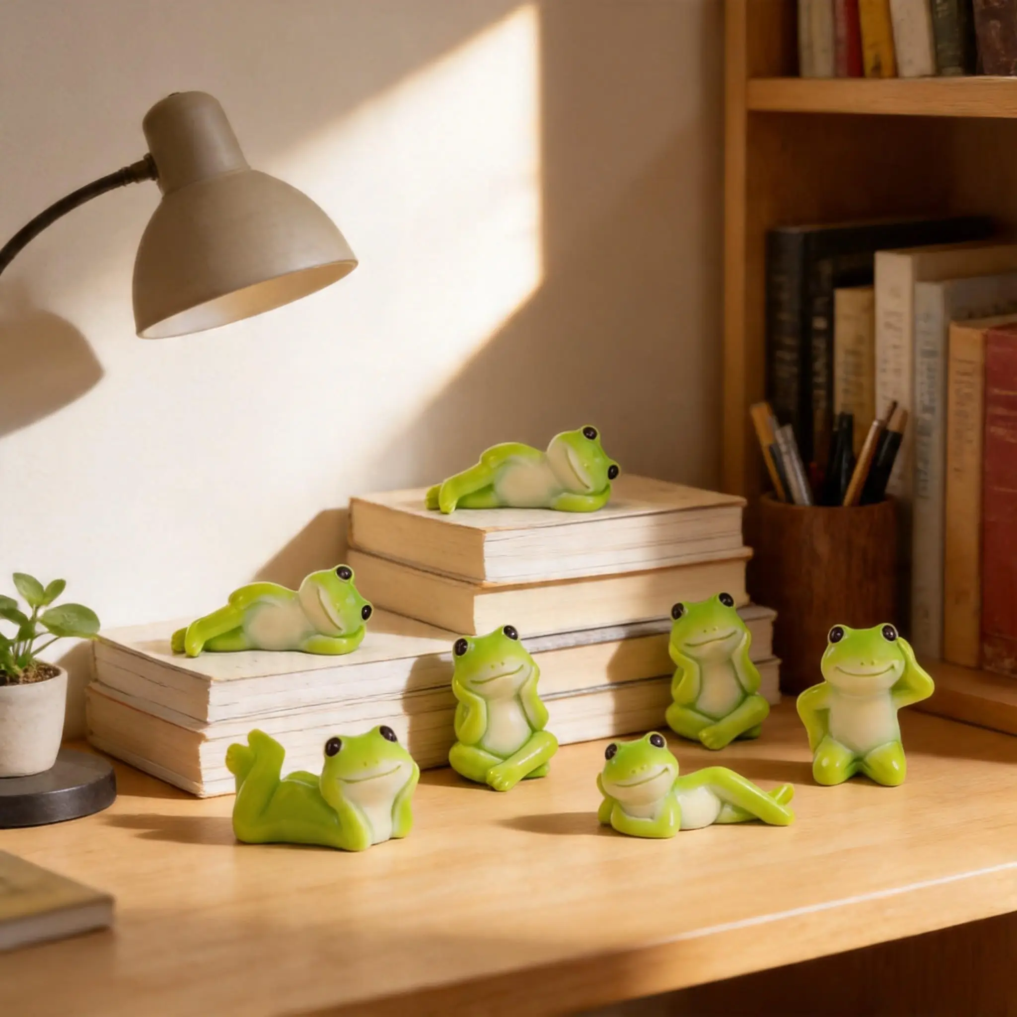 6Pcs Cute Lazy Frog Figurines Set, Resin Miniature Frog Ornaments, Aesthetic Desk Decor for Workspace, Micro Landscape Accessories, Cottagecore Room Party Favors & DIY Craft Decor