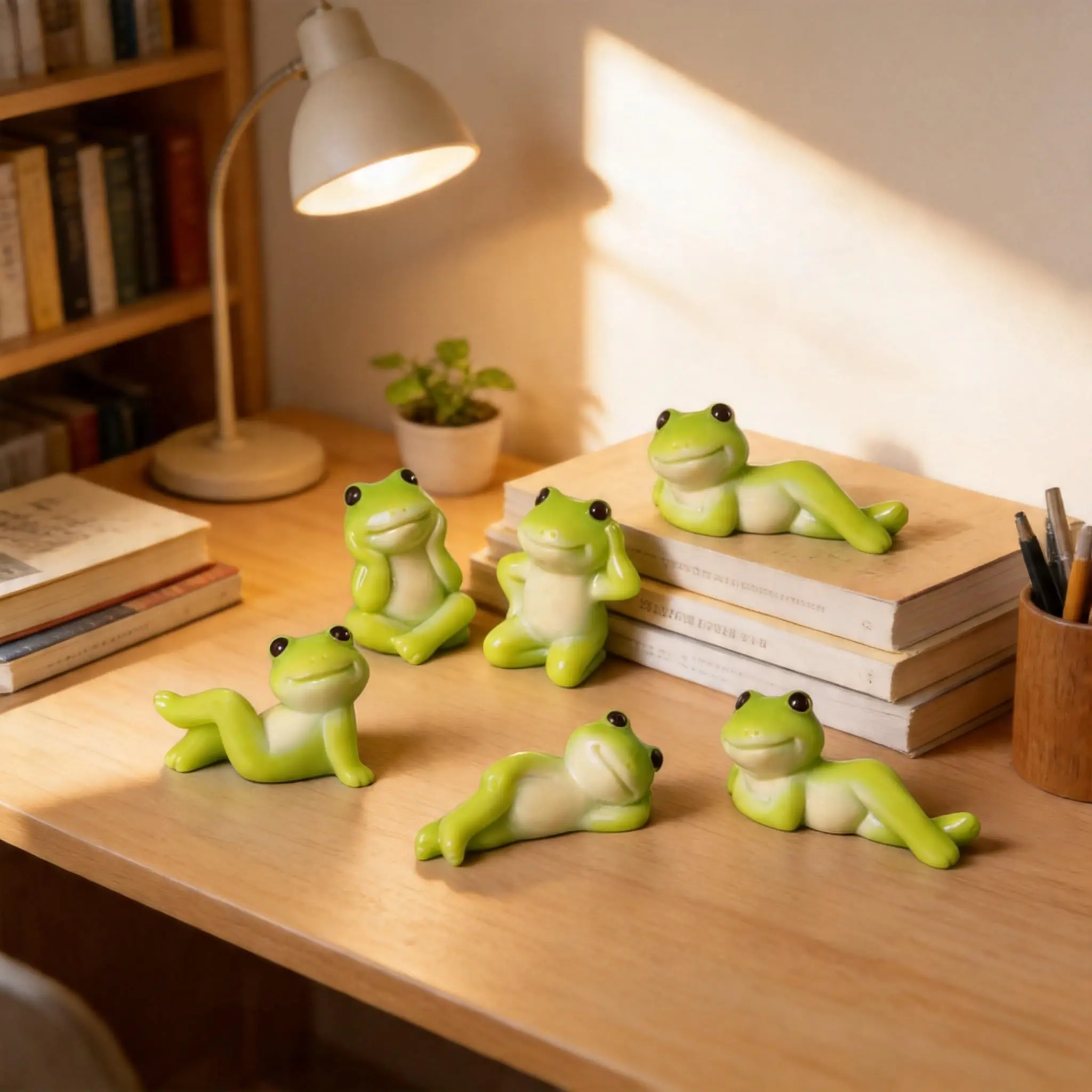 6Pcs Cute Lazy Frog Figurines Set, Resin Miniature Frog Ornaments, Aesthetic Desk Decor for Workspace, Micro Landscape Accessories, Cottagecore Room Party Favors & DIY Craft Decor