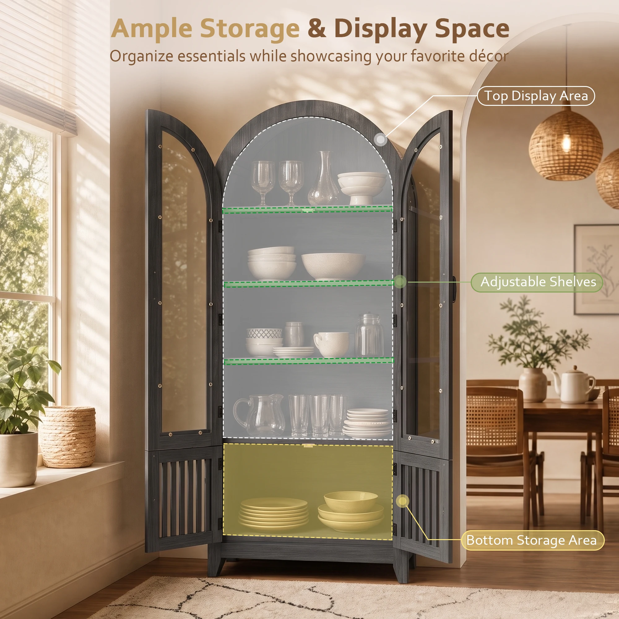 TCGBKAF Modern Farmhouse 68.9" Tall Arched Display Cabinet, Wooden Glass Door Pantry Cabinet with Adjustable Shelf for Living Room, Dining Room, Entryway Home Furniture