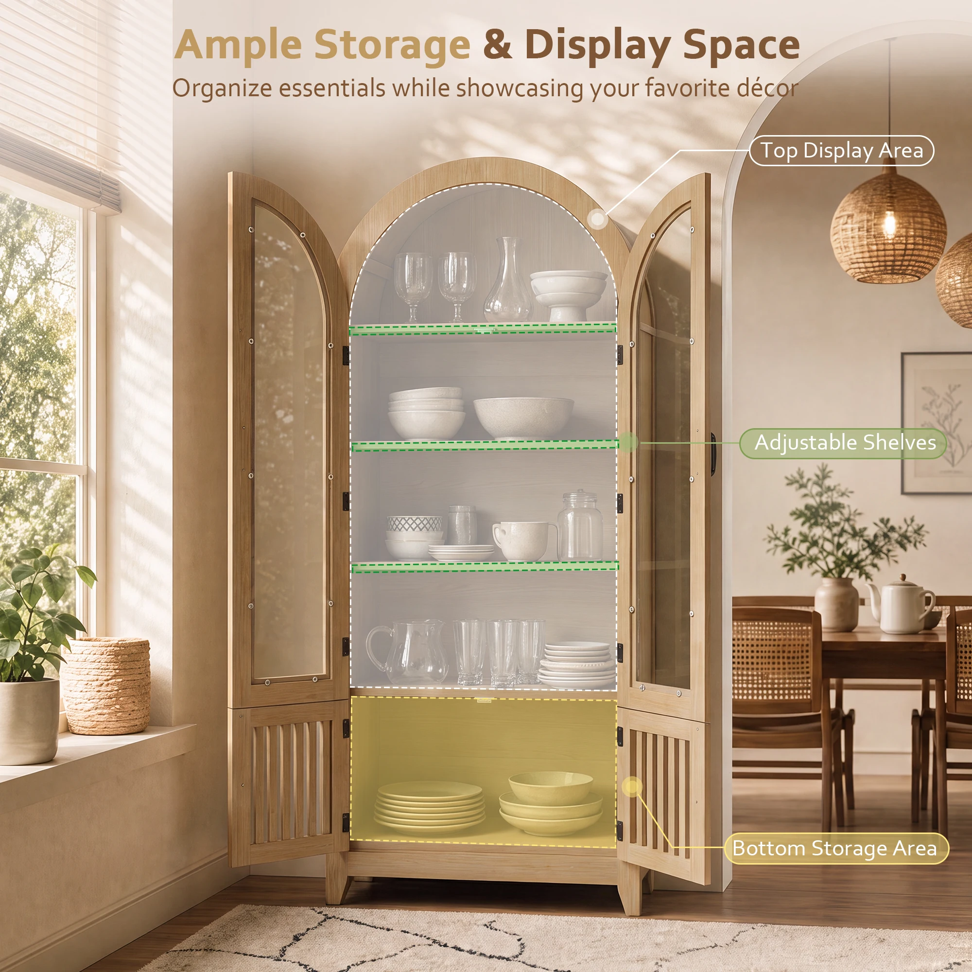 TCGBKAF Modern Farmhouse 68.9" Tall Arched Display Cabinet, Wooden Glass Door Pantry Cabinet with Adjustable Shelf for Living Room, Dining Room, Entryway Home Furniture