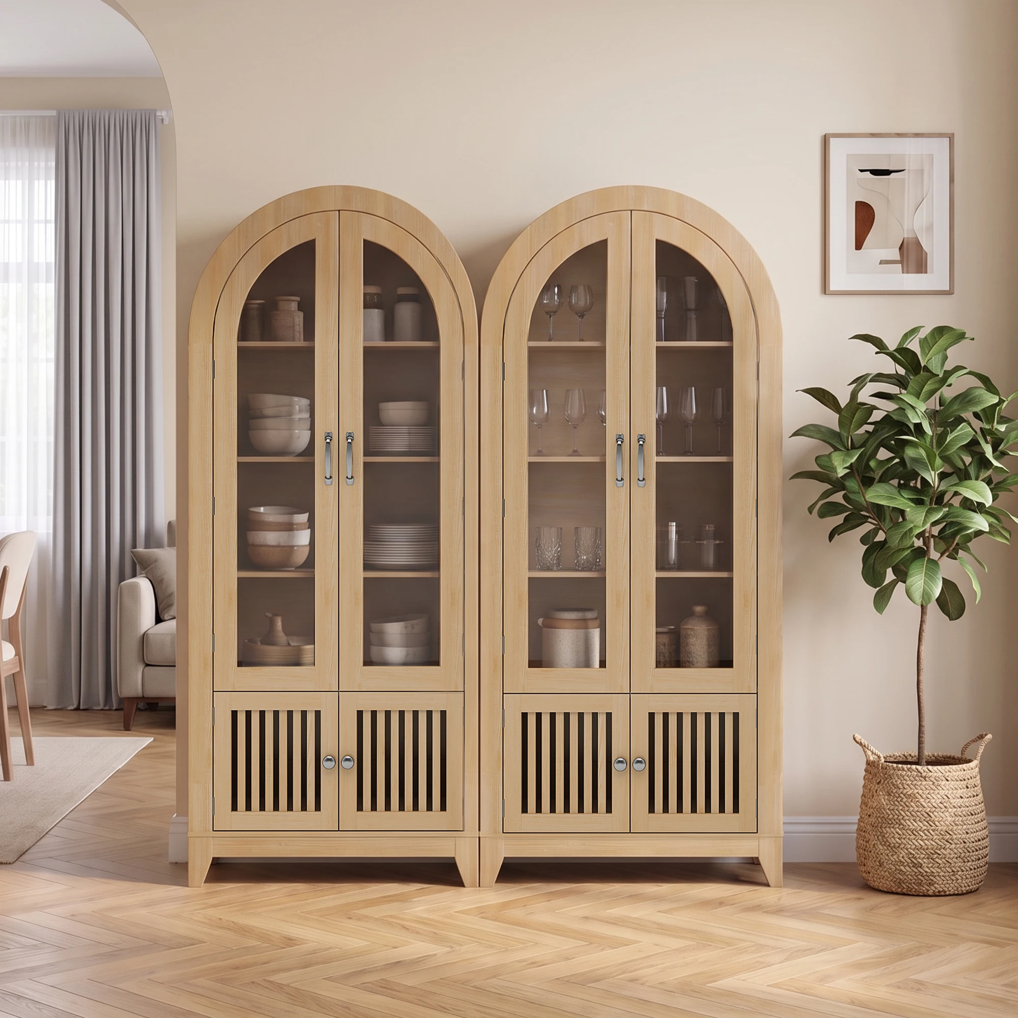 TCGBKAF Modern Farmhouse 68.9" Tall Arched Display Cabinet, Wooden Glass Door Pantry Cabinet with Adjustable Shelf for Living Room, Dining Room, Entryway Home Furniture