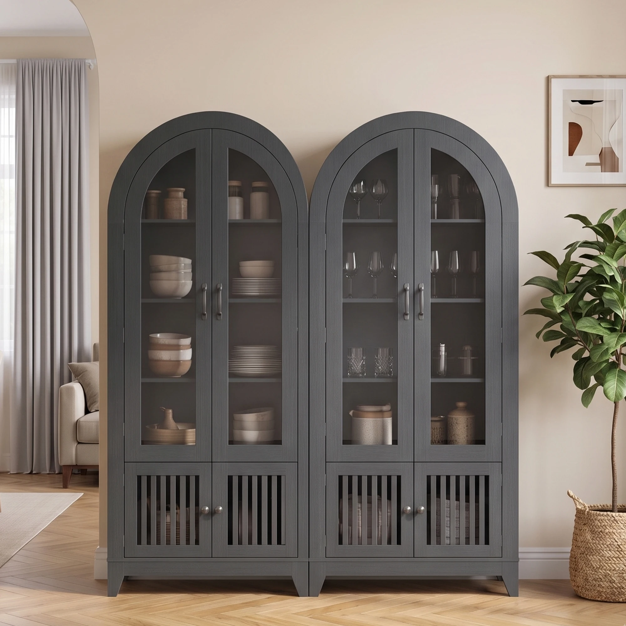 TCGBKAF Modern Farmhouse 68.9" Tall Arched Display Cabinet, Wooden Glass Door Pantry Cabinet with Adjustable Shelf for Living Room, Dining Room, Entryway Home Furniture