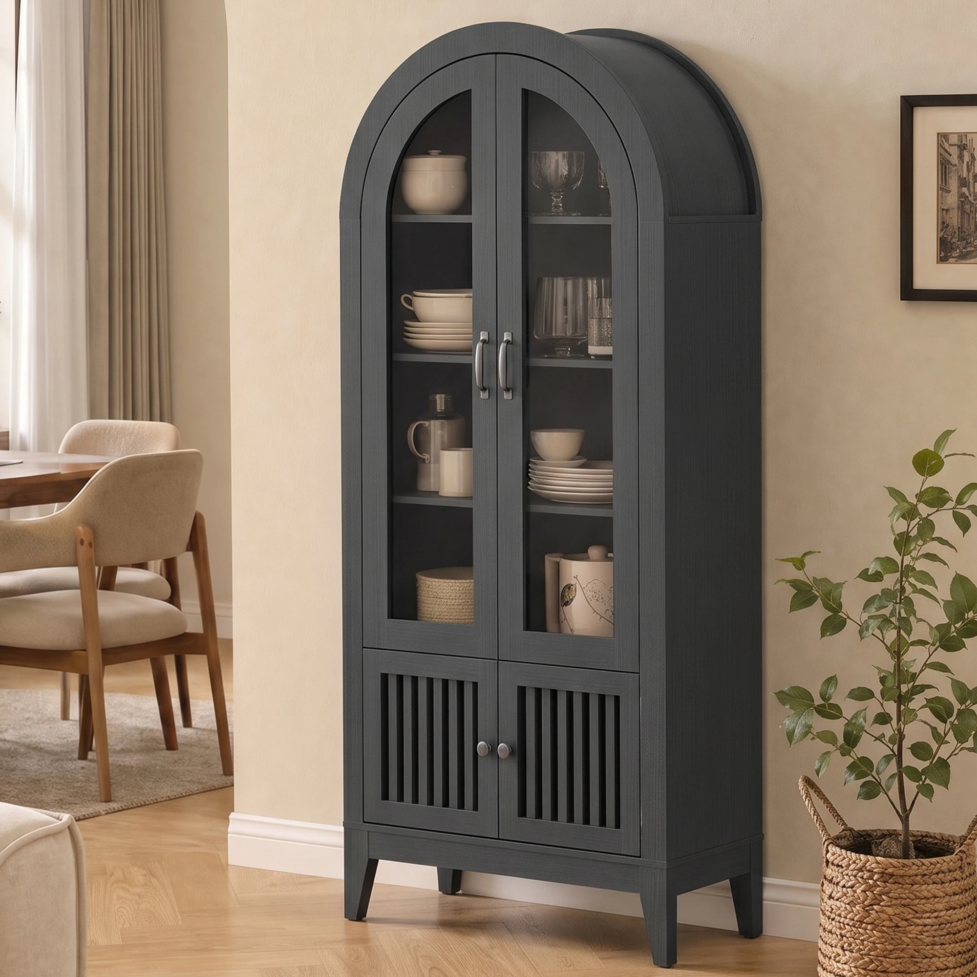 TCGBKAF Modern Farmhouse 68.9" Tall Arched Display Cabinet, Wooden Glass Door Pantry Cabinet with Adjustable Shelf for Living Room, Dining Room, Entryway Home Furniture