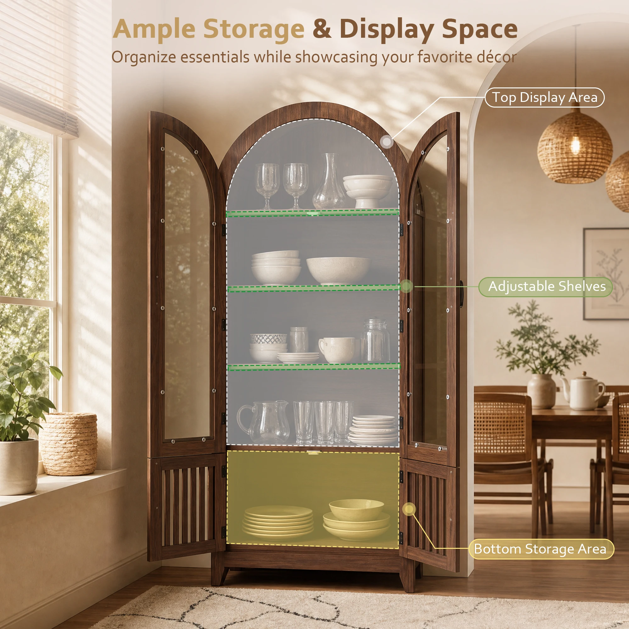 TCGBKAF Modern Farmhouse 68.9" Tall Arched Display Cabinet, Wooden Glass Door Pantry Cabinet with Adjustable Shelf for Living Room, Dining Room, Entryway Home Furniture