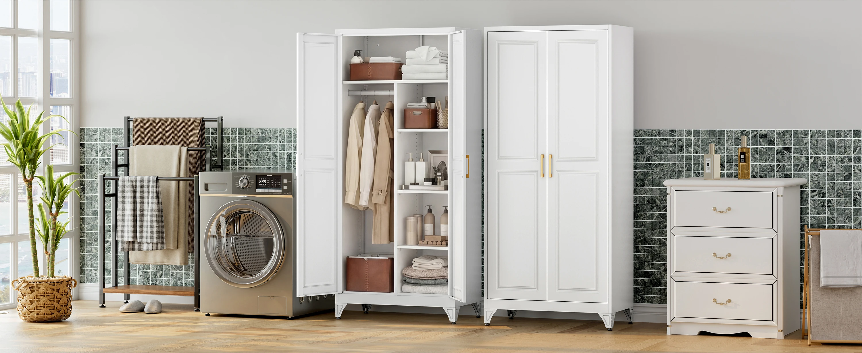 SteeLoong 71"H Metal Modern Armoire White Adult Wardrobe Cabinet with 2 Doors Hanging Rod and Adjustable Shelves