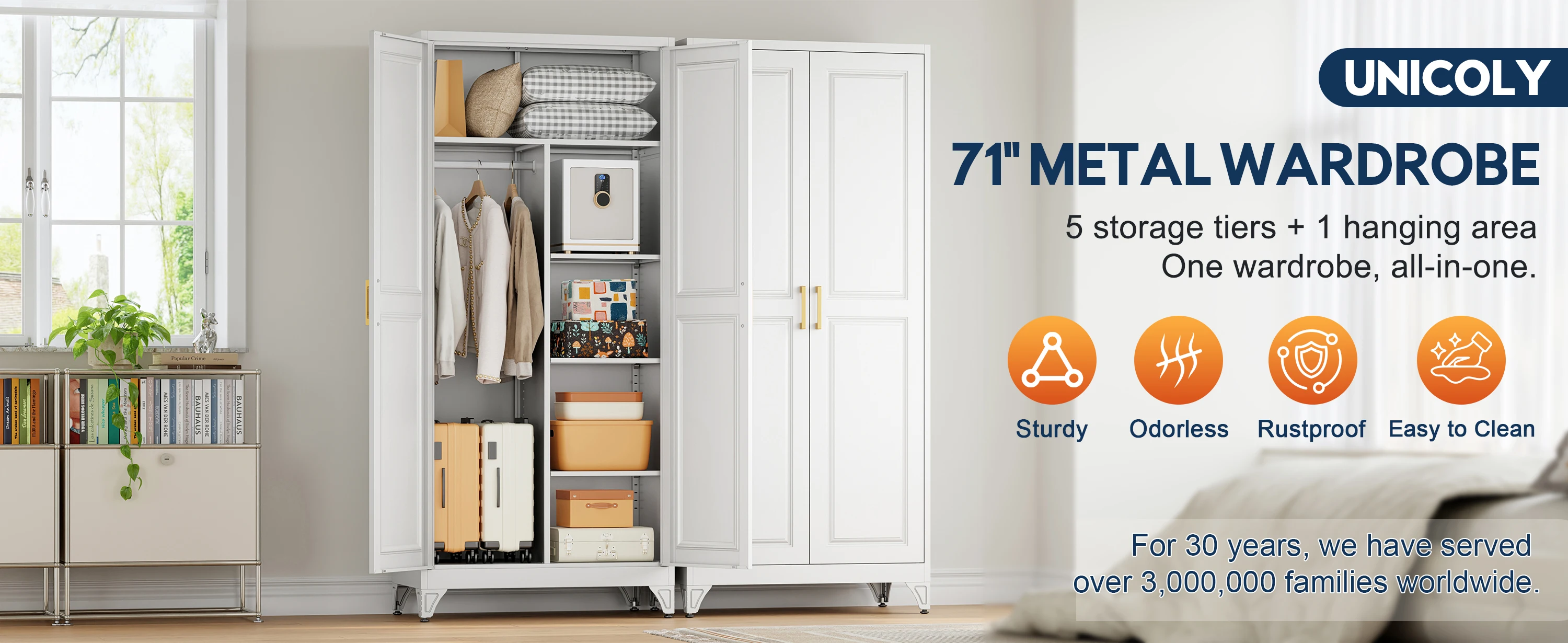 SteeLoong 71"H Metal Modern Armoire White Adult Wardrobe Cabinet with 2 Doors Hanging Rod and Adjustable Shelves