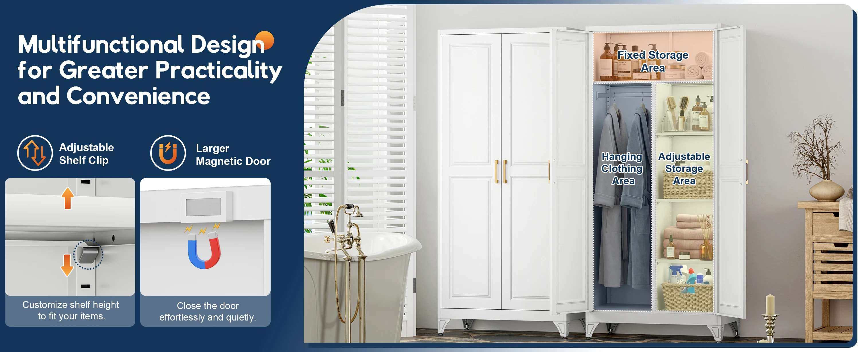 SteeLoong 71"H Metal Modern Armoire White Adult Wardrobe Cabinet with 2 Doors Hanging Rod and Adjustable Shelves