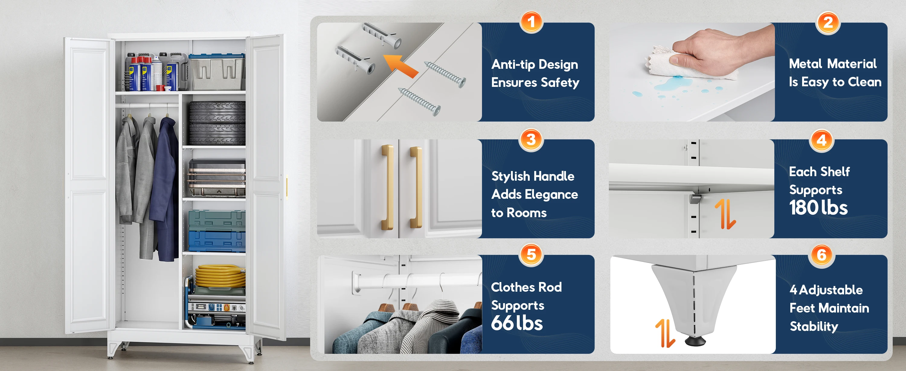 SteeLoong 71"H Metal Modern Armoire White Adult Wardrobe Cabinet with 2 Doors Hanging Rod and Adjustable Shelves