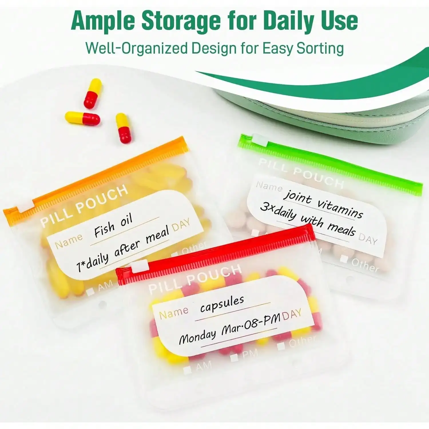 Waterproof Zipper Medicine Pouches Set, 14 Color Designs Weekly Organizer For Daily Supplement Storage