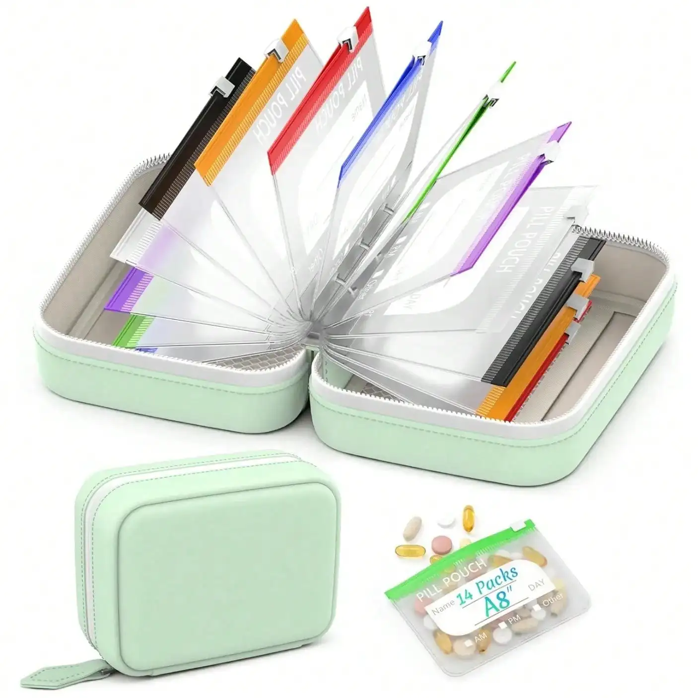 Waterproof Zipper Medicine Pouches Set, 14 Color Designs Weekly Organizer For Daily Supplement Storage