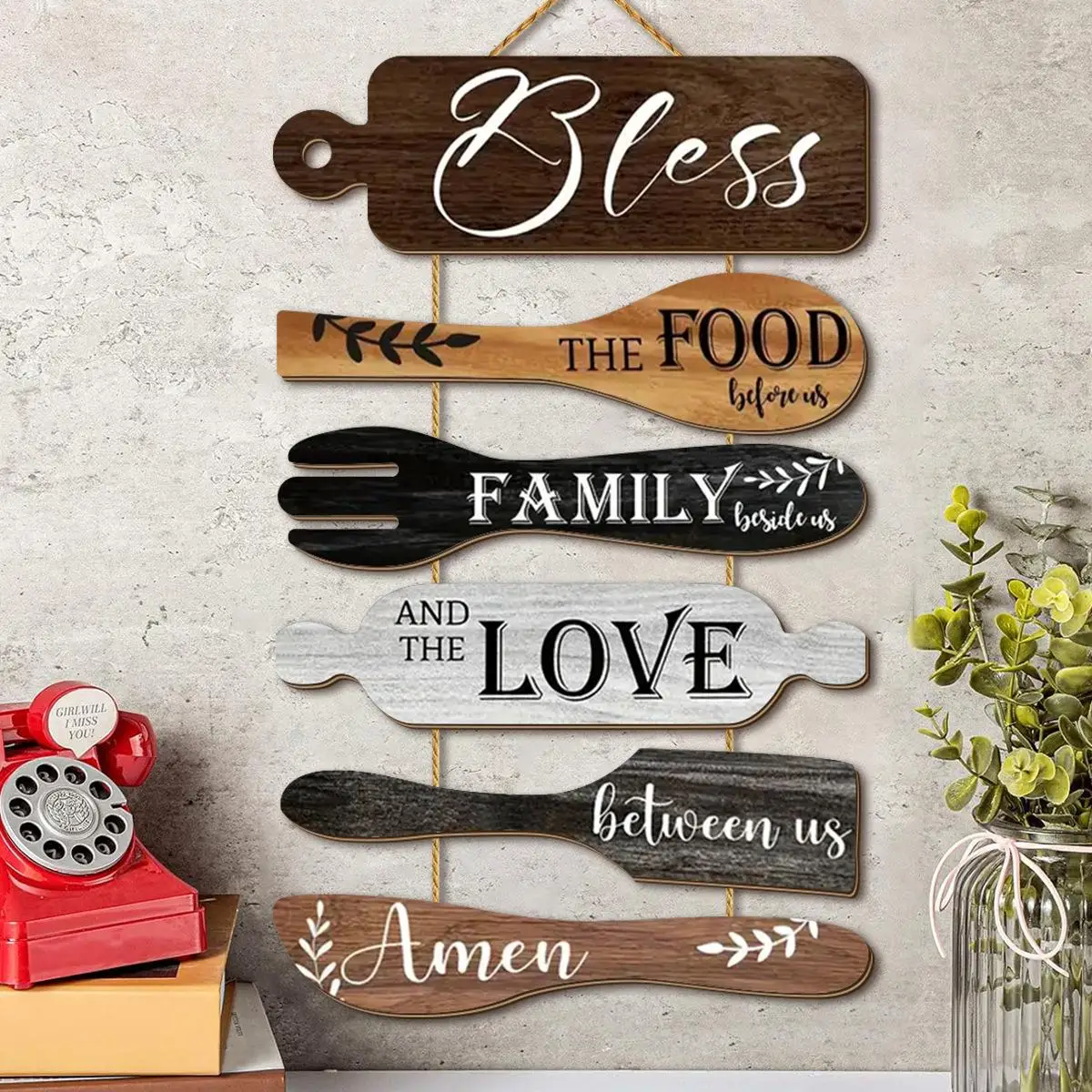 1 Set Prayer Bless The Food Before Us Wooden Hanging Sign, Farmhouse Kitchen Wall Decor, Rustic Cookware‑Shaped Wood Plaques for Warm Family Dinner Country Dining Room Wall Art,for Christian/Thanksgiving
