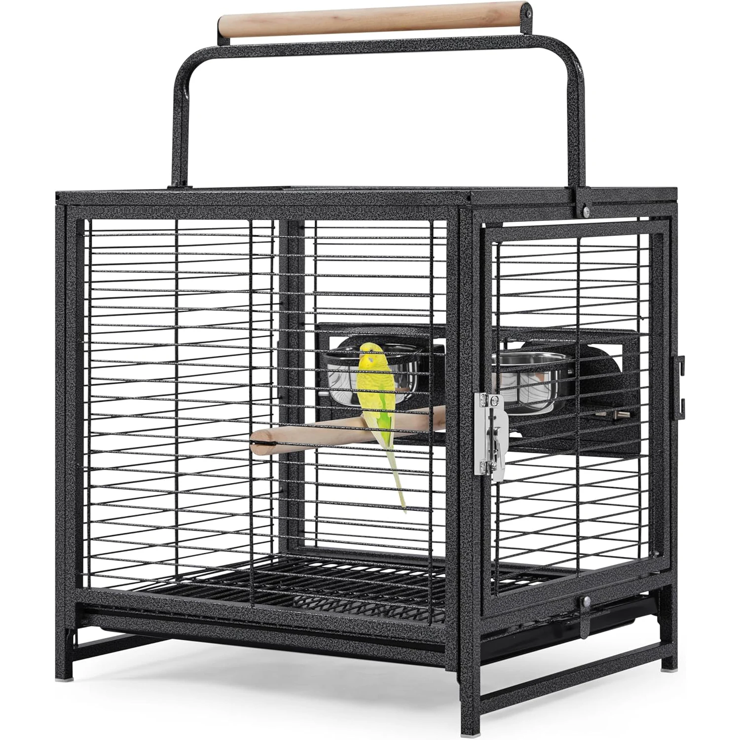 Portable Bird Cage, 19x15x25.5in, Wrought Iron, 2-in-1 Wooden Perch Handle, Removable Deep Tray, For Parakeets, Cockatiels, Budgies & Canaries,Outdoor Activity