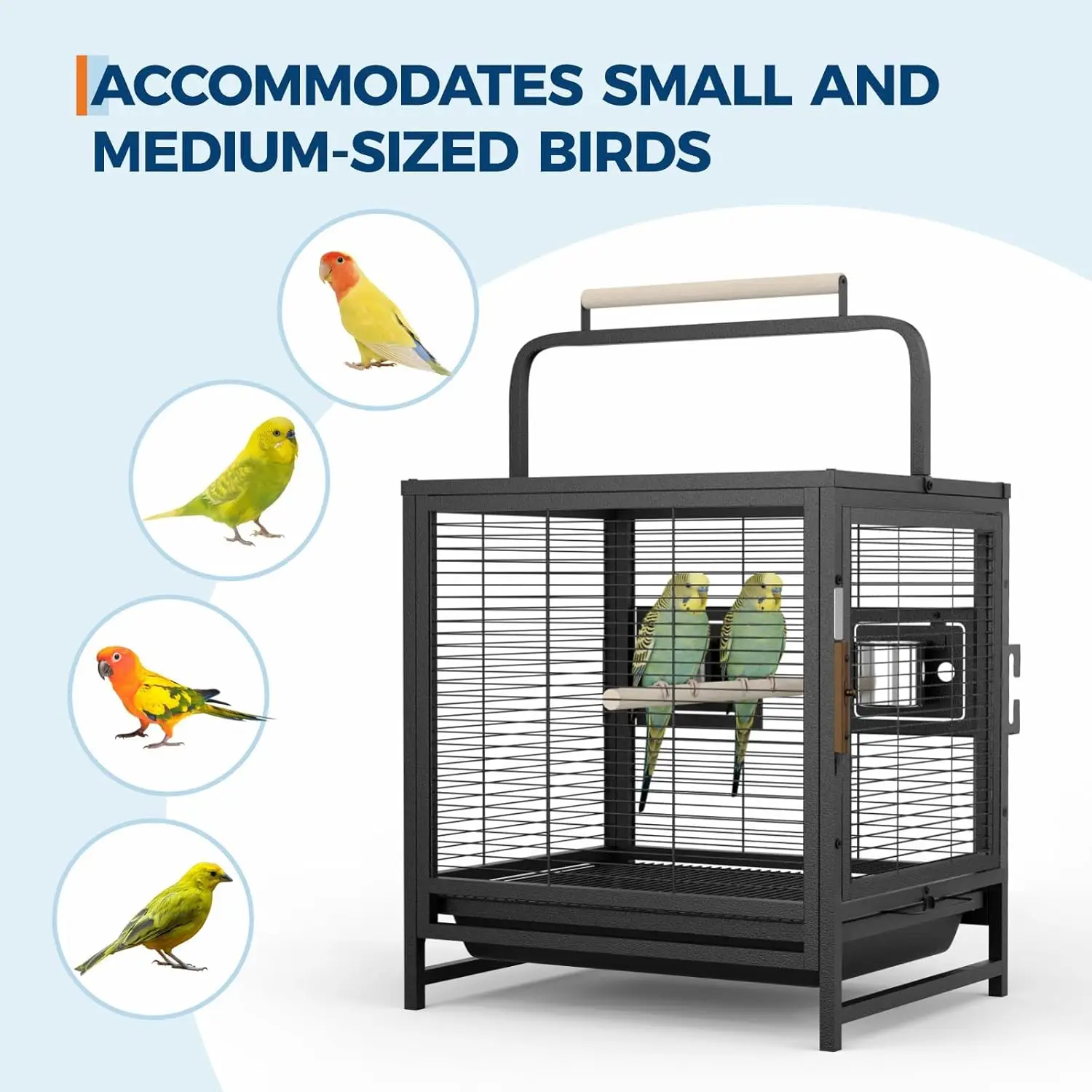 Portable Bird Cage, 19x15x25.5in, Wrought Iron, 2-in-1 Wooden Perch Handle, Removable Deep Tray, For Parakeets, Cockatiels, Budgies & Canaries,Outdoor Activity