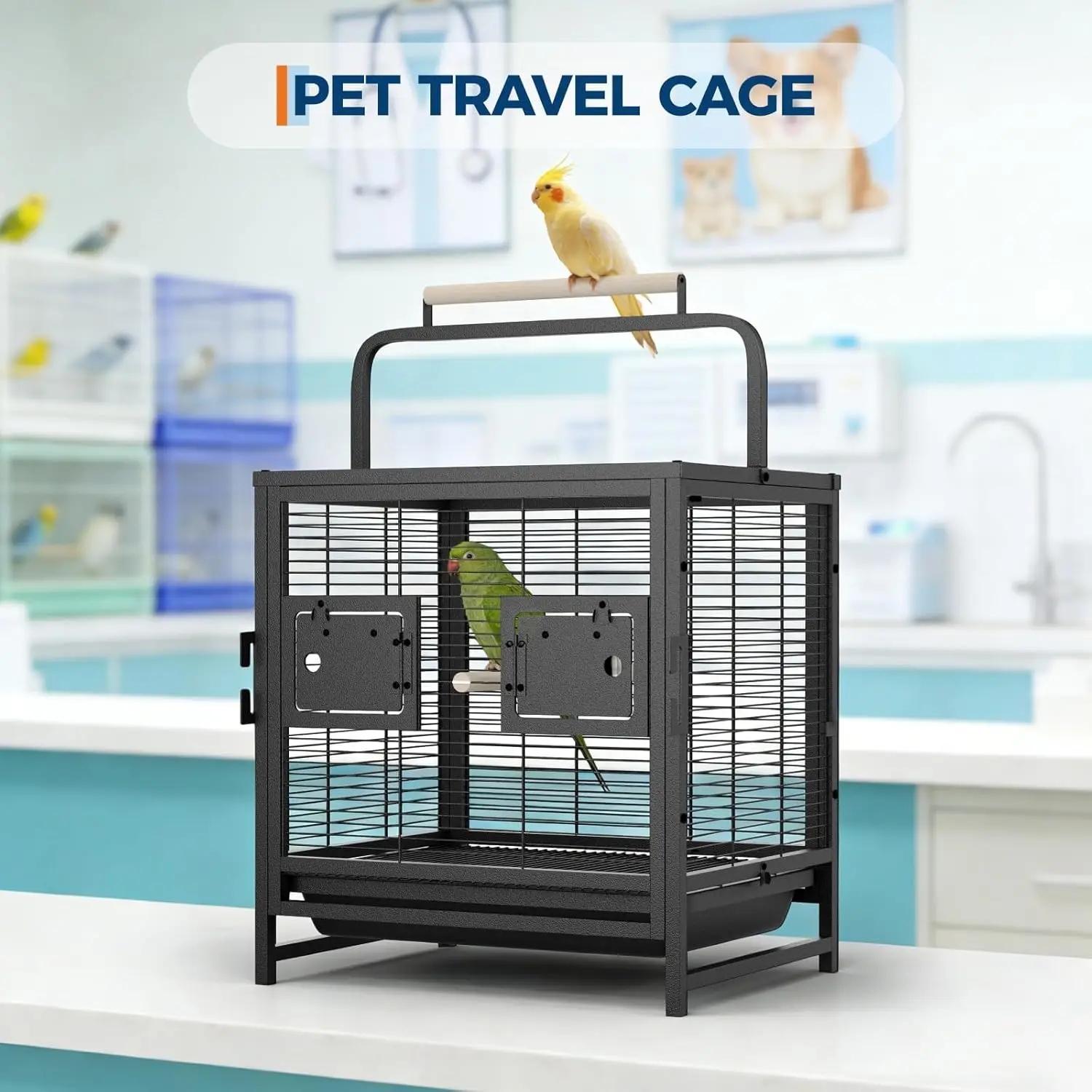 Portable Bird Cage, 19x15x25.5in, Wrought Iron, 2-in-1 Wooden Perch Handle, Removable Deep Tray, For Parakeets, Cockatiels, Budgies & Canaries,Outdoor Activity