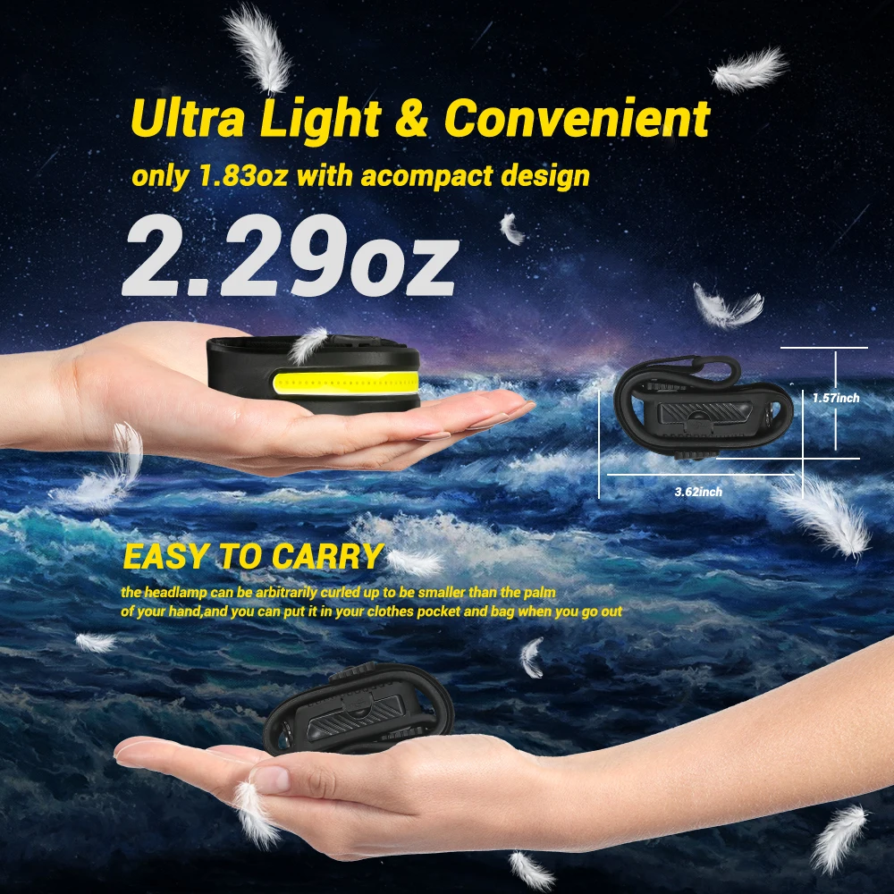 2-3pcs Rechargeable LED Headlamp, 230° Wide Beam Motion Sensor Headlamp, 350 Lumens 6 Light Modes, IPX4 Waterproof, USB-C Headlight for Camping, Running, Fishing, Repairing, Outdoor Adventures