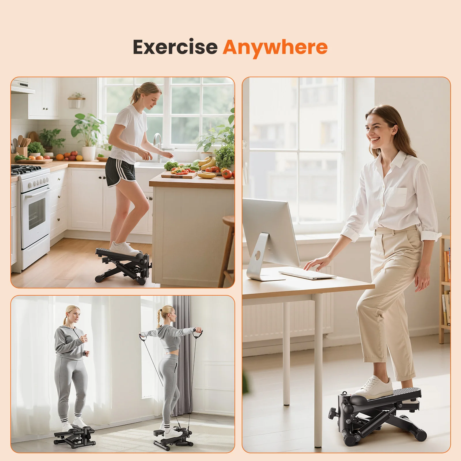 JHK Mini Stepper with Resistance Bands 300 LBS Weight Capacity Hydraulic Home Stepper Machine Compact Cardio Equipment with LCD Monitor No Assembly Required