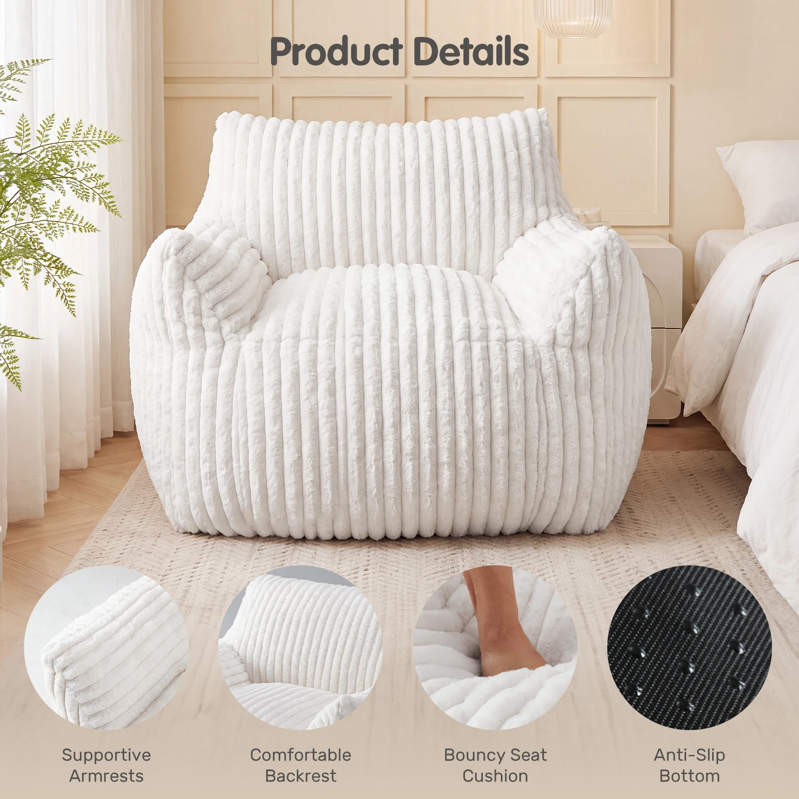 JHK Ergonomic Bean Bag Sofa with Memory Foam Filling For Living Room Modern Corduroy Plush Lounge Chair Comfy Sleeper Chair for Bedroom